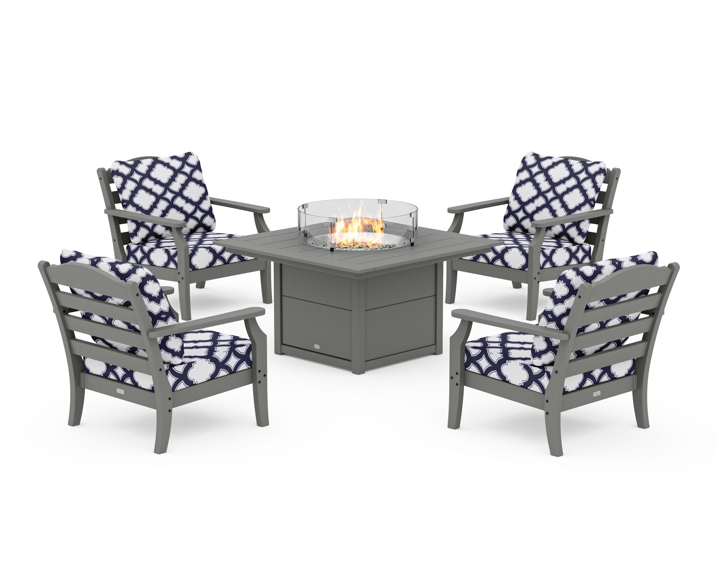 Draper James™ by POLYWOOD® Savannah 5-Piece Deep Seating Set with Fire Pit Table in Slate Grey / Trellis Navy