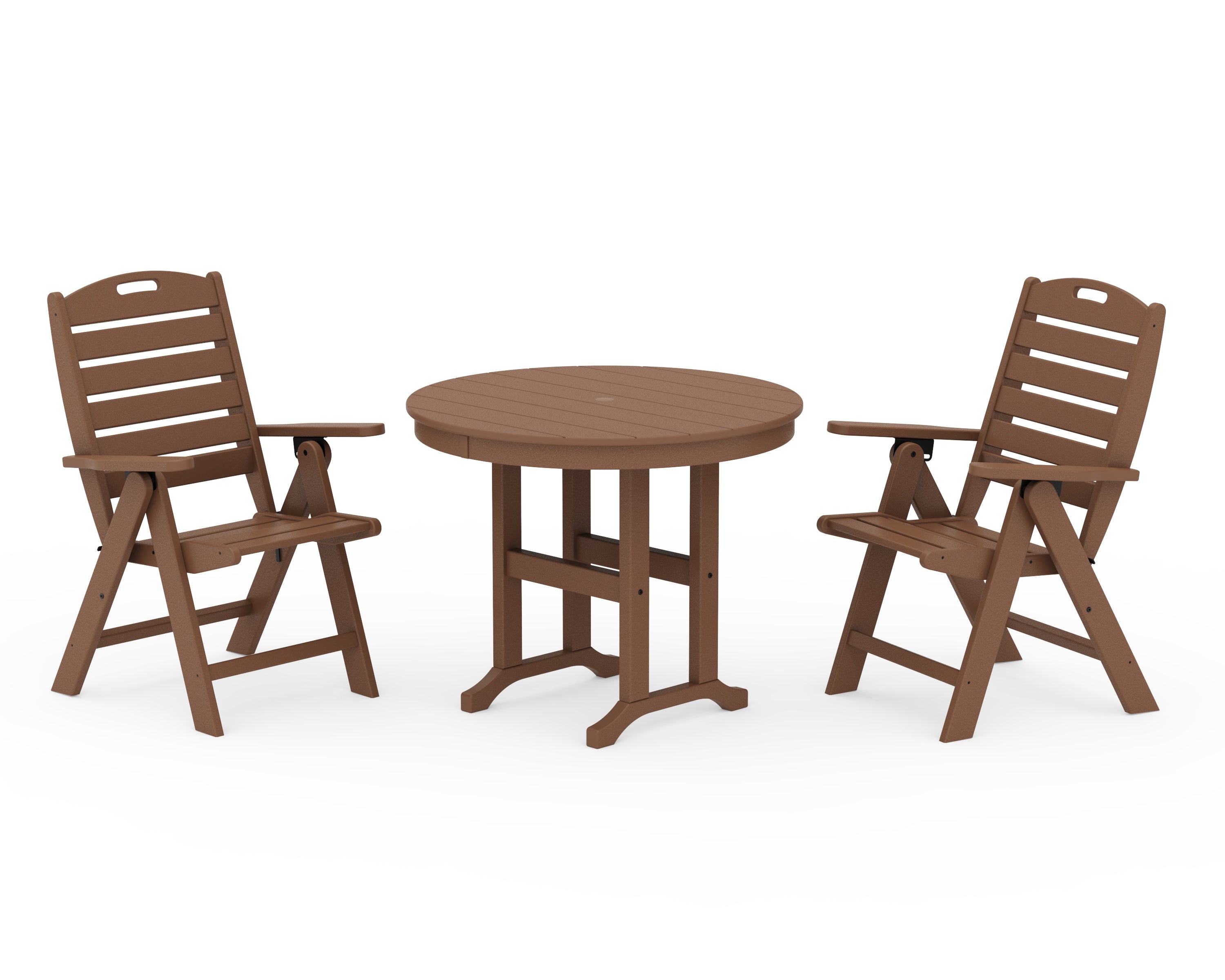 POLYWOOD® Nautical Folding Highback Chair 3-Piece Round Dining Set in Teak