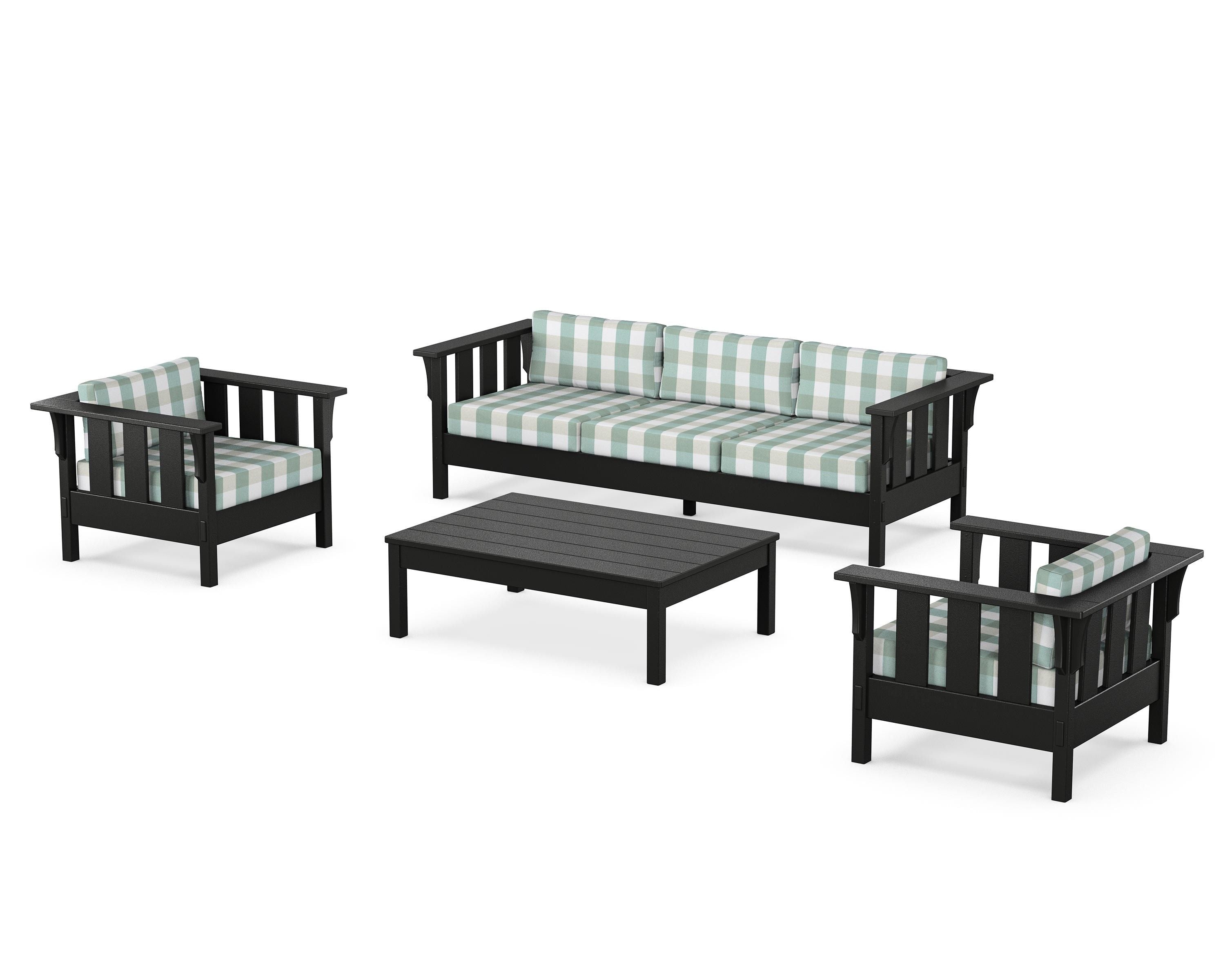 Martha Stewart by POLYWOOD® Acadia 4-Piece Deep Seating Set with Sofa in Black / Buffalo Plaid Glacier Spa