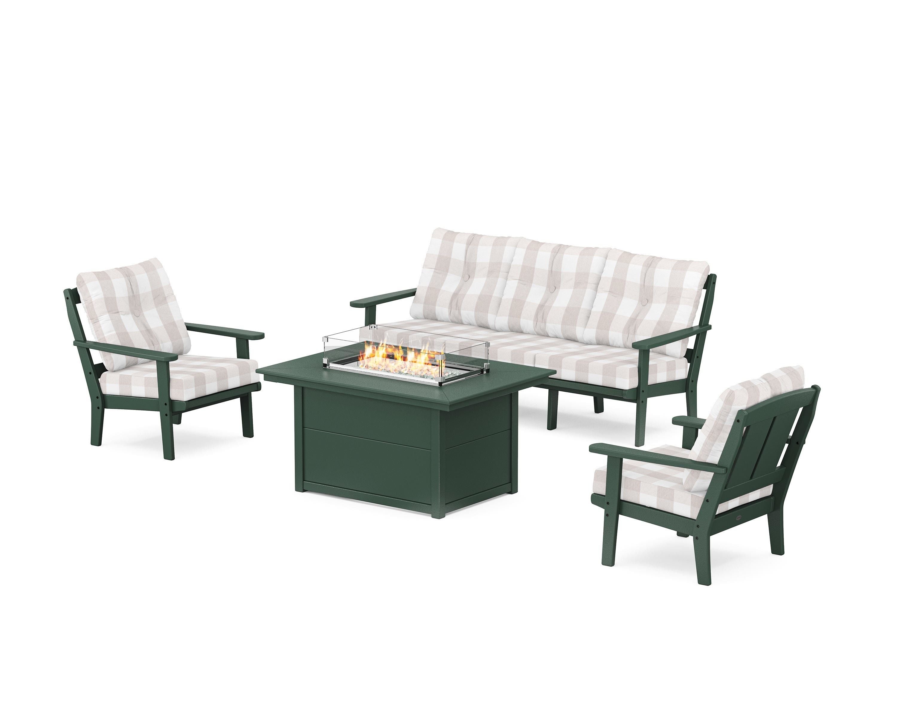 POLYWOOD® Mission Deep Seating Fire Pit Table Set in Green / Buffalo Plaid Dune Burlap