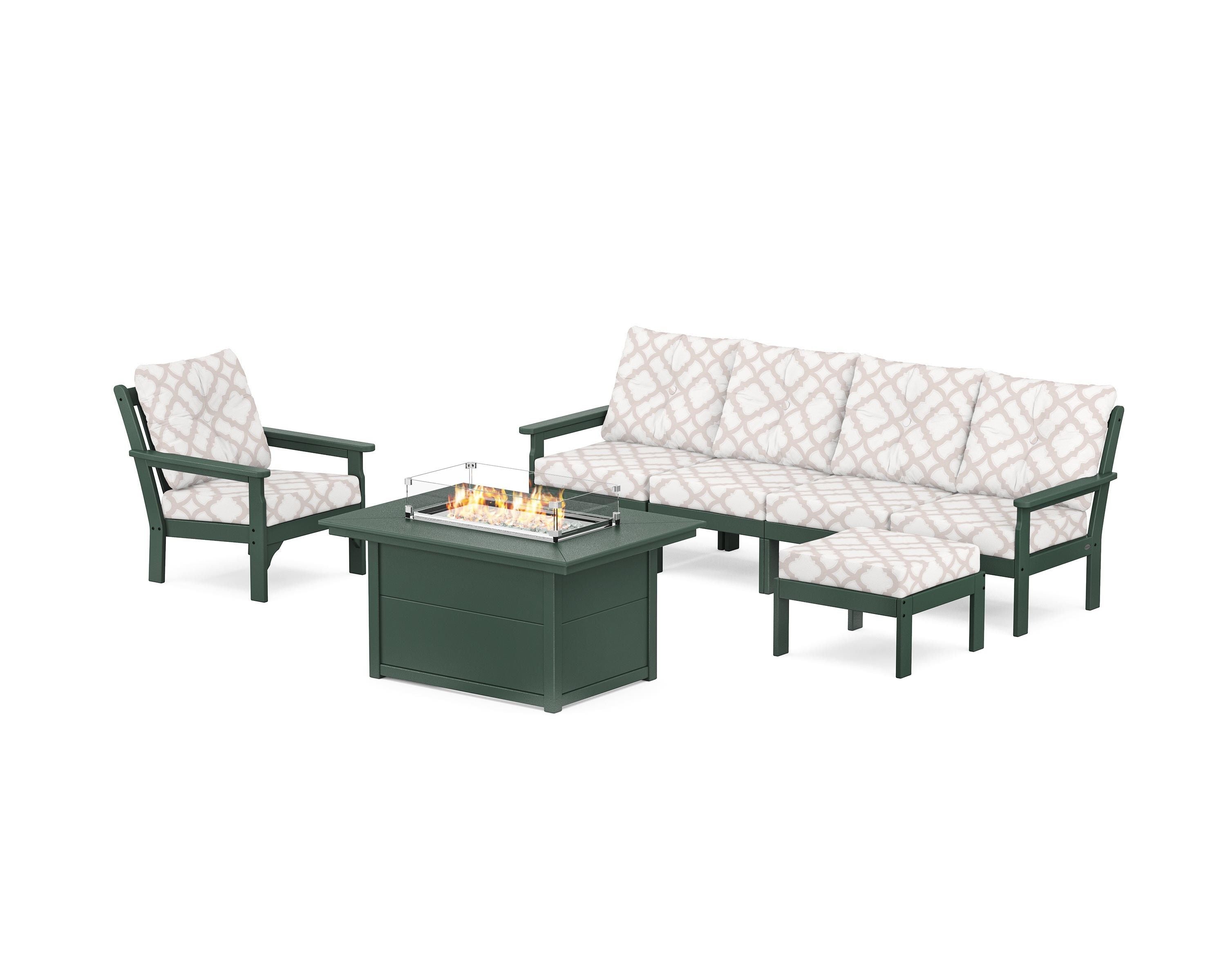 POLYWOOD® Vineyard Sectional Lounge and Fire Pit Set in Green / Trellis Dune Burlap