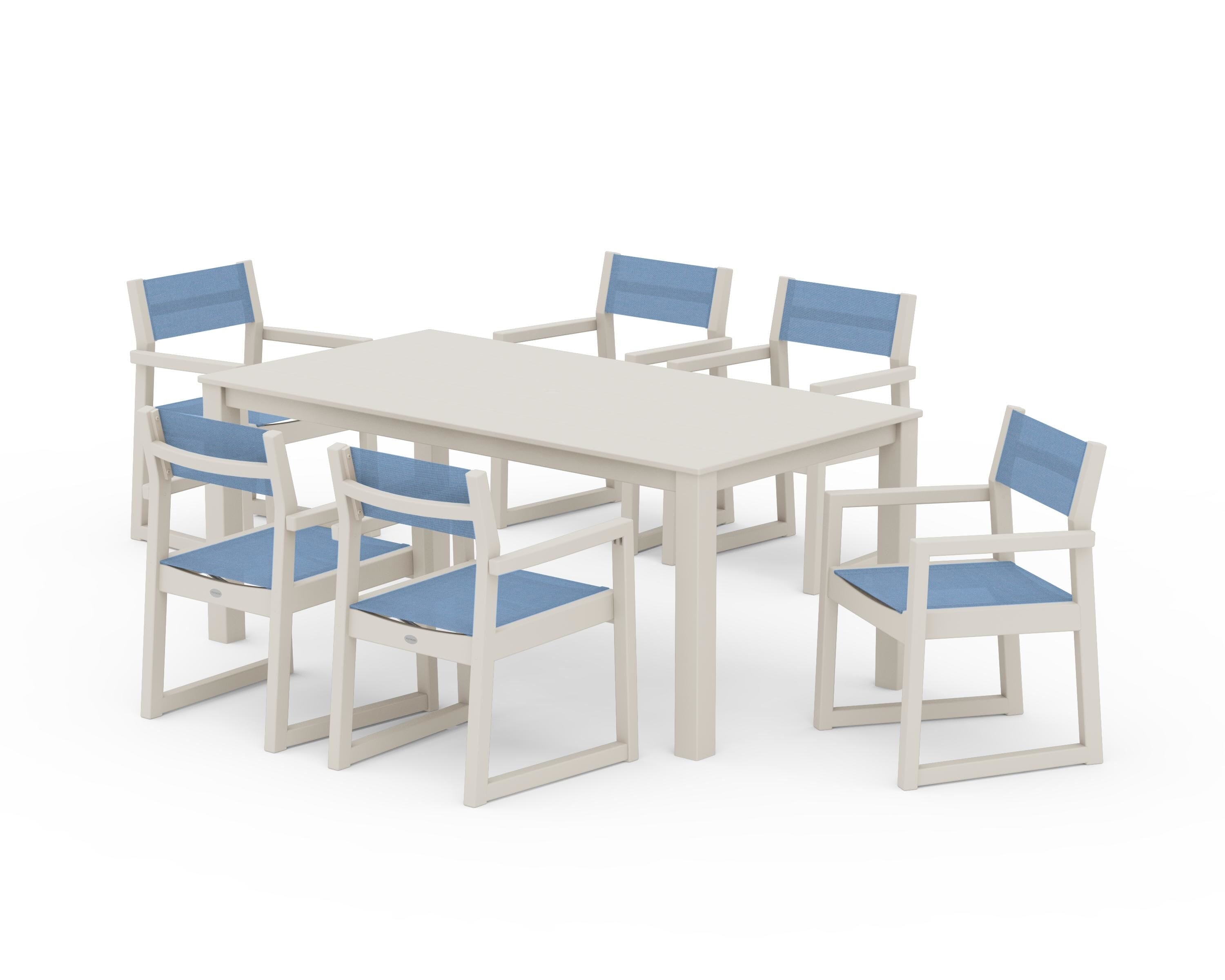 POLYWOOD® EDGE Sling Arm Chair 7-Piece Parsons Dining Set in Sand / Poolside Sling