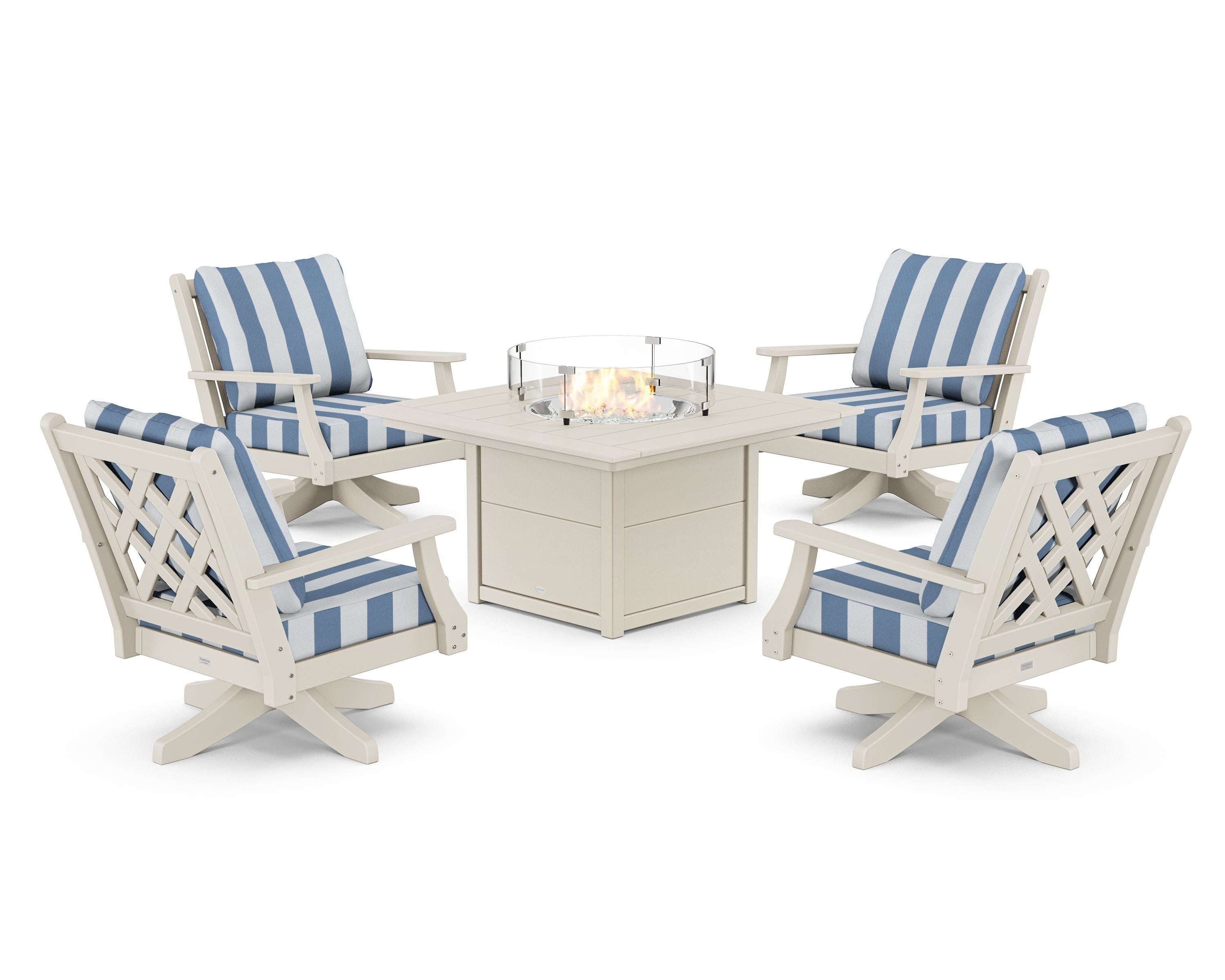 Country Living Wovendale 5-Piece Deep Seating Swivel Conversation Set with Fire Pit Table in Sand / Cabana Stripe Sky Blue