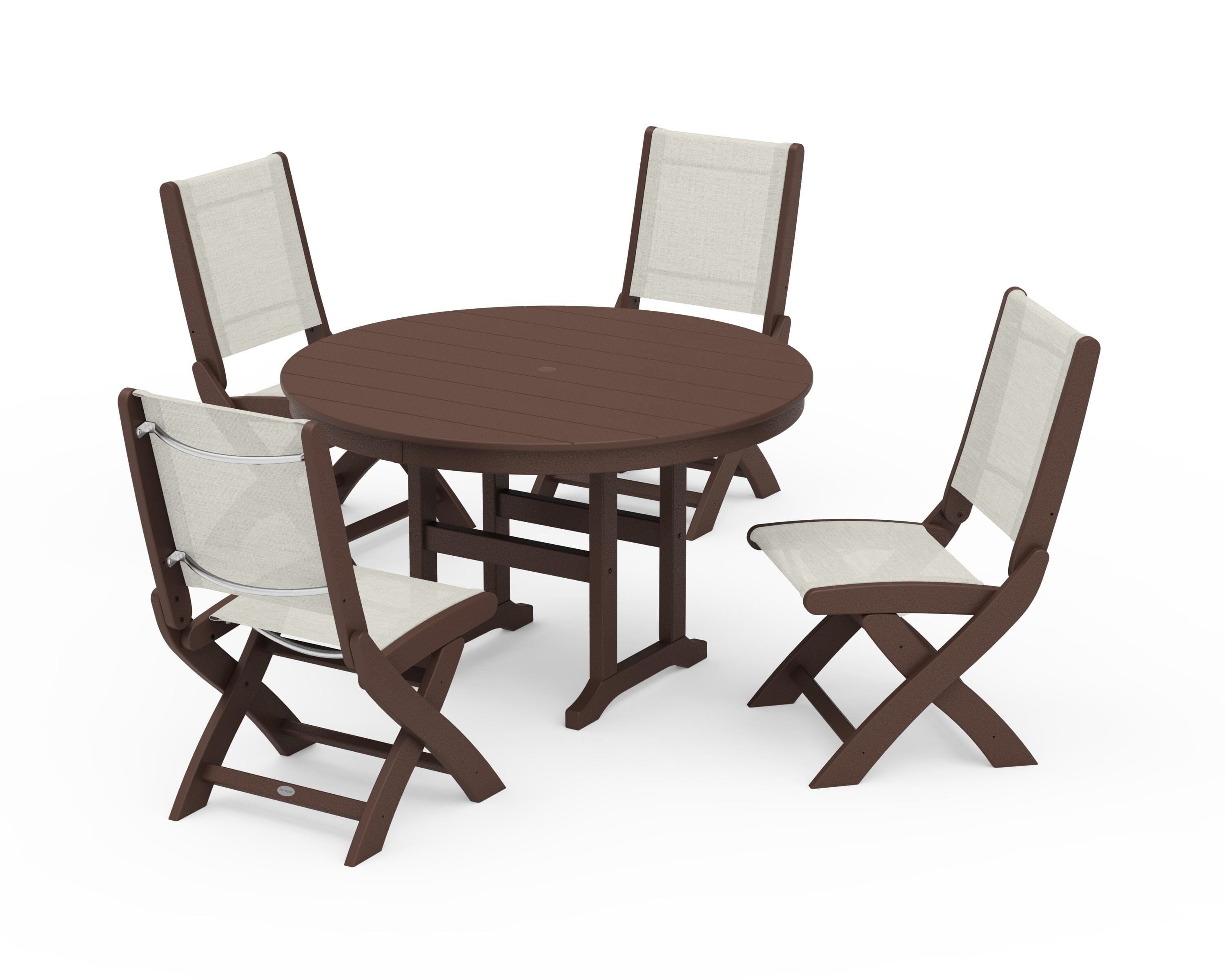 POLYWOOD® Coastal Folding Side Chair 5-Piece Round Dining Set in Mahogany / Parchment Sling