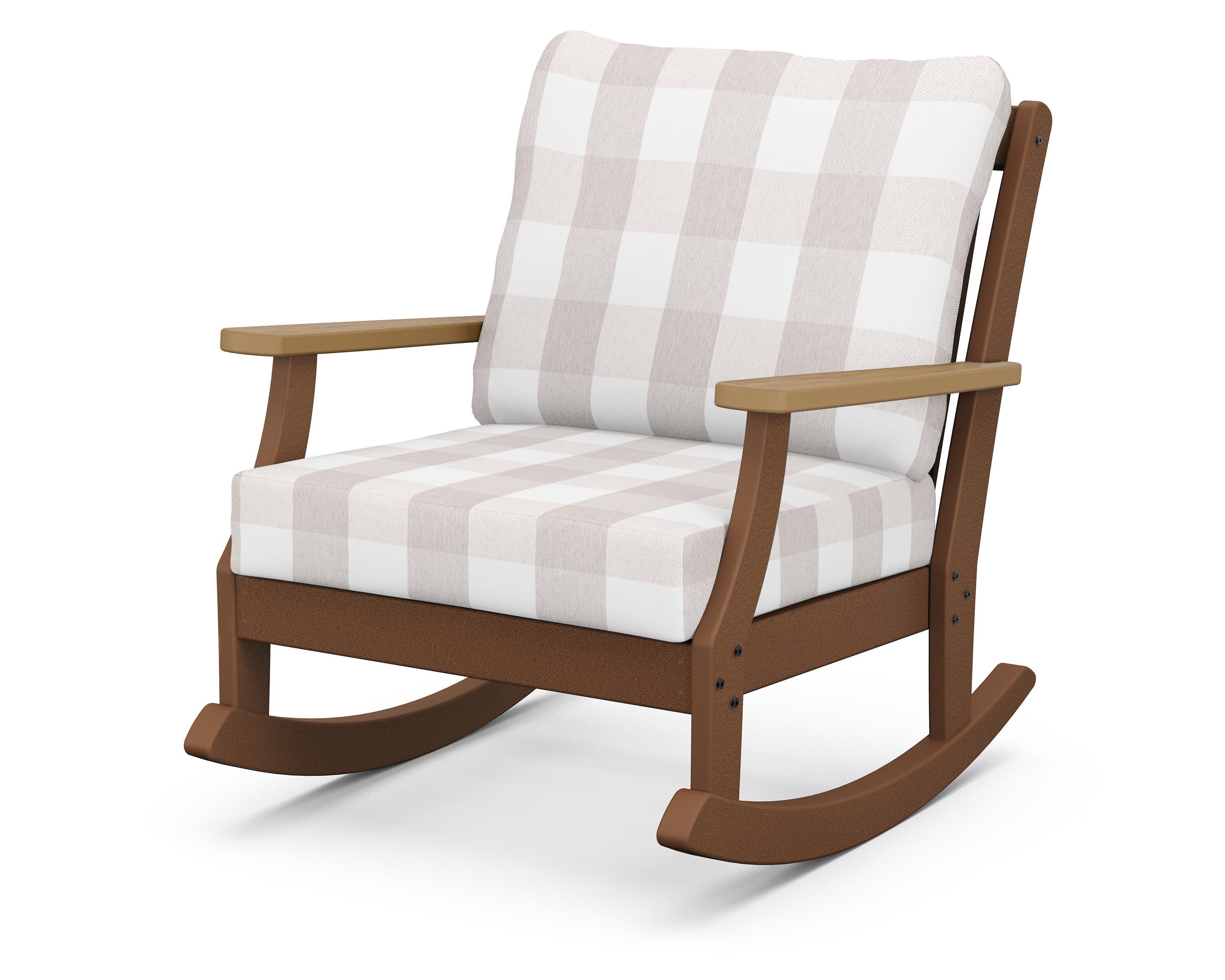 POLYWOOD® Braxton Deep Seating Rocking Chair in Teak / Natural / Buffalo Plaid Dune Burlap