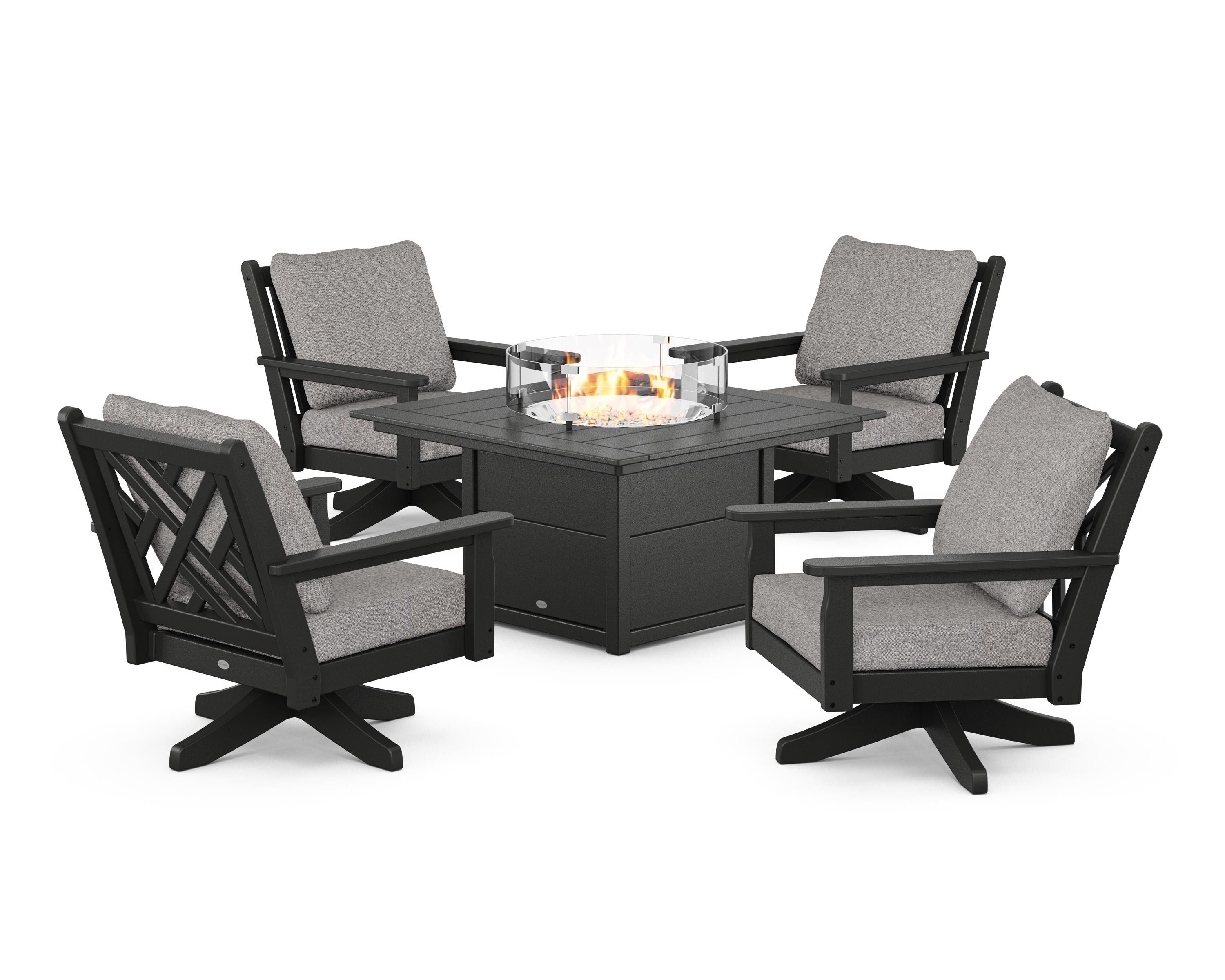 POLYWOOD® Chippendale 5-Piece Deep Seating Swivel Conversation Set with Fire Pit Table in Black / Grey Mist