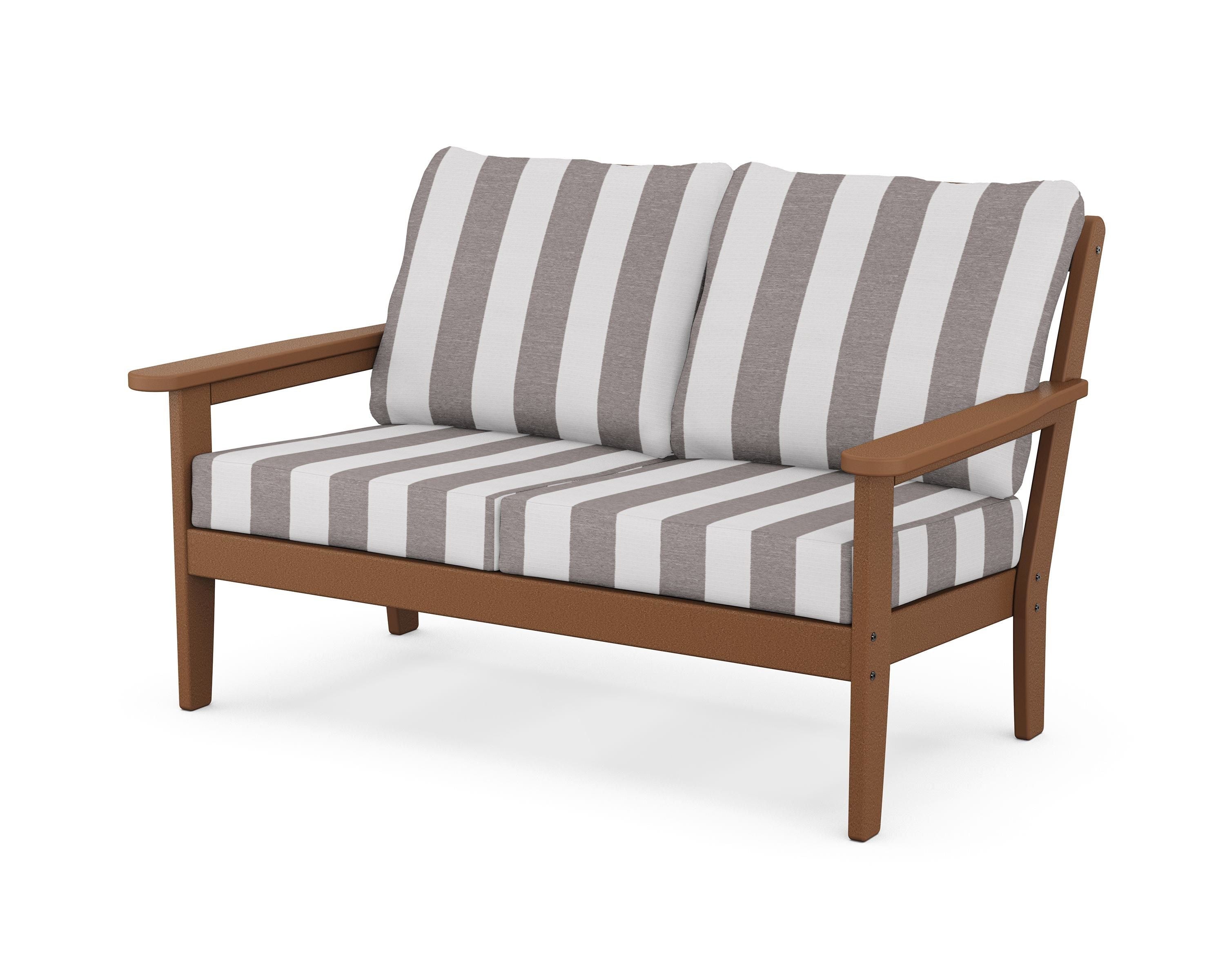 Country Living Cottage Deep Seating Loveseat in Teak / Cabana Stripe Grey Mist