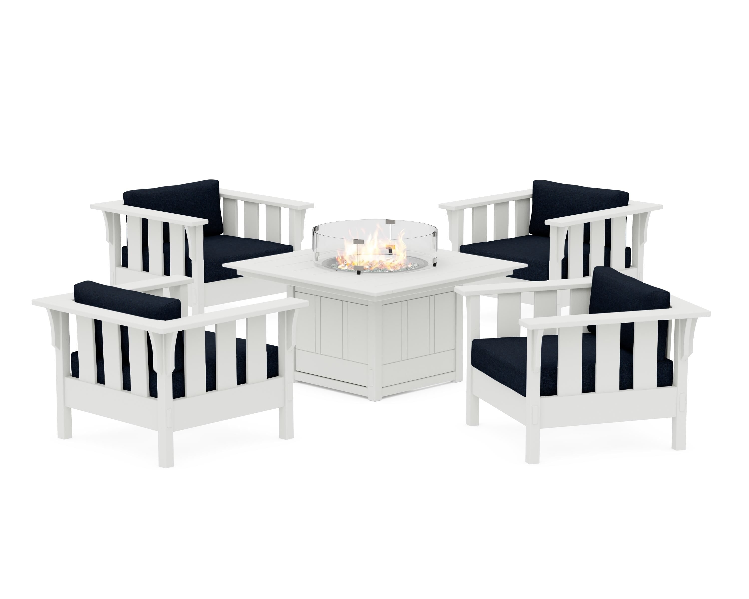 Martha Stewart by POLYWOOD® Acadia 5-Piece Deep Seating Set with Fire Pit Table in White / Marine Indigo