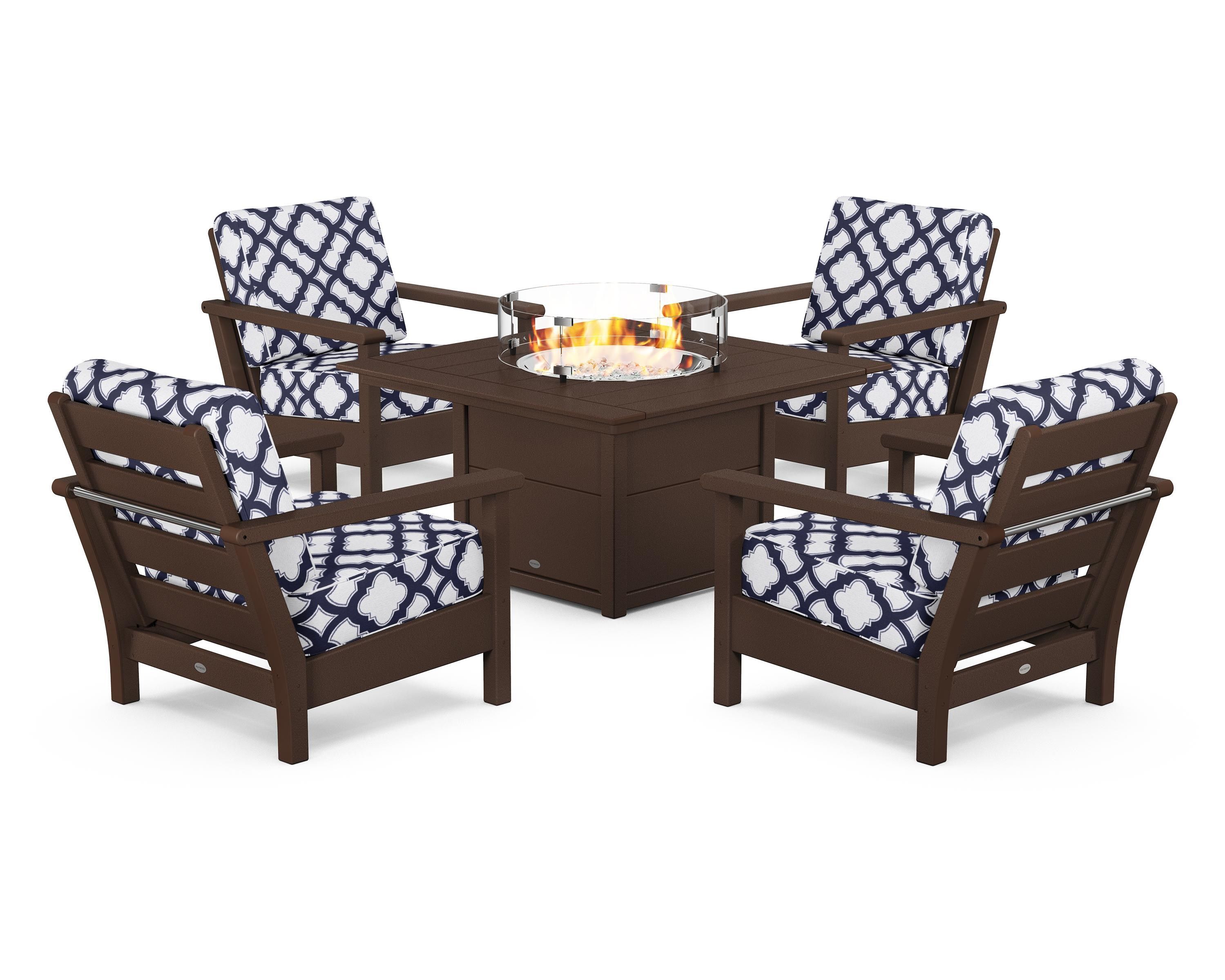 POLYWOOD® Harbour 5-Piece Conversation Set with Fire Pit Table in Mahogany / Trellis Navy