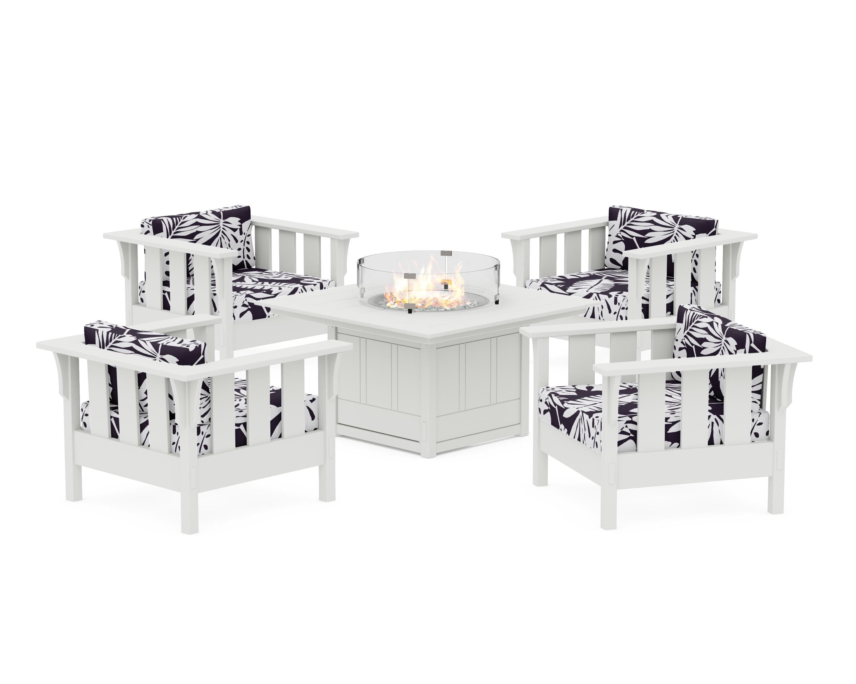 Martha Stewart by POLYWOOD® Acadia 5-Piece Deep Seating Set with Fire Pit Table in White / Leaf Navy