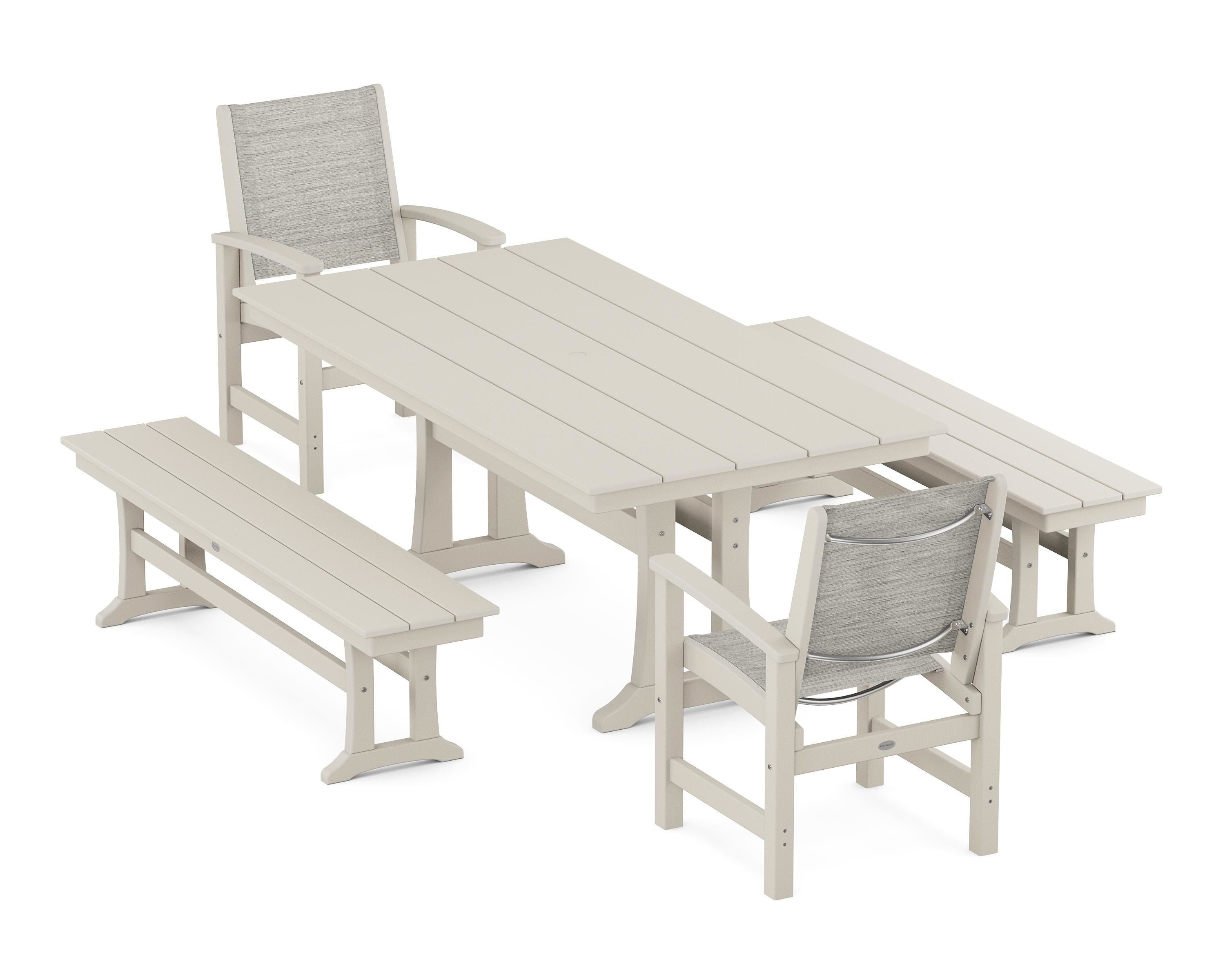 POLYWOOD® Coastal 5-Piece Farmhouse Dining Set with Trestle Legs and Benches in Sand / Birch Sling