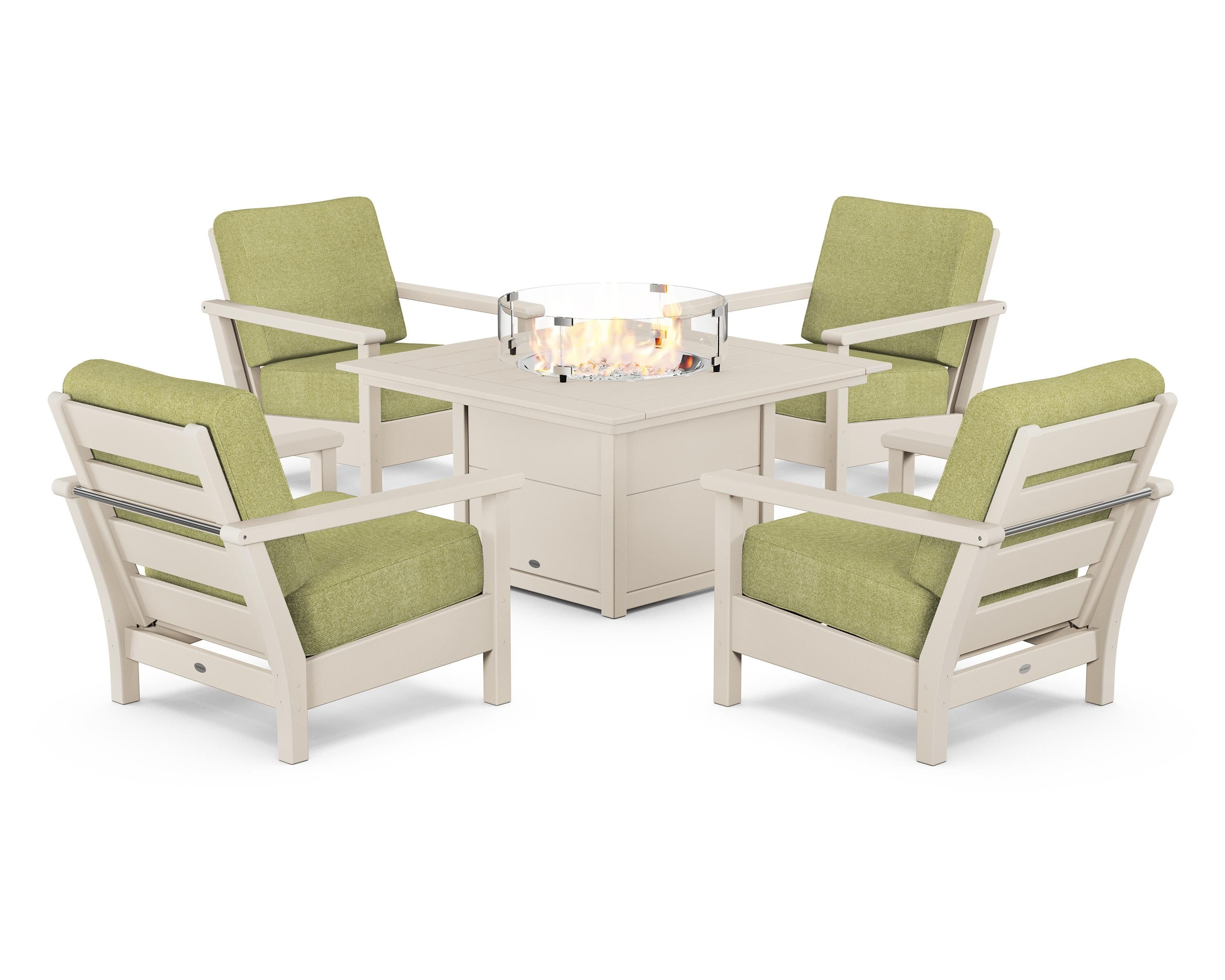 POLYWOOD® Harbour 5-Piece Conversation Set with Fire Pit Table in Sand / Chartreuse Boucle