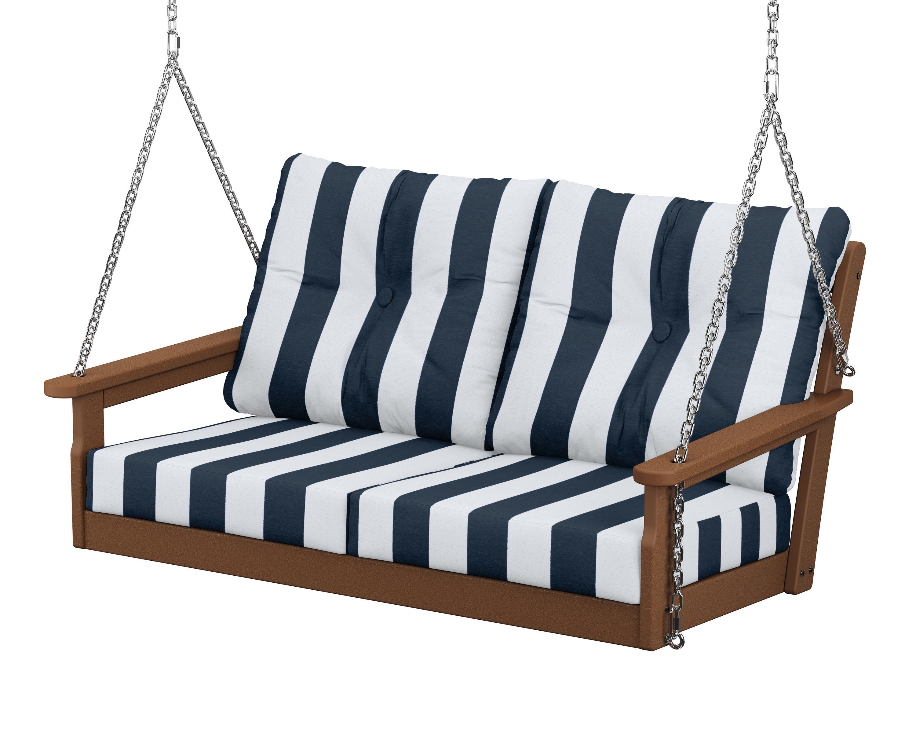 POLYWOOD® Vineyard Deep Seating Swing in Teak / Cabana Stripe Marine Indigo