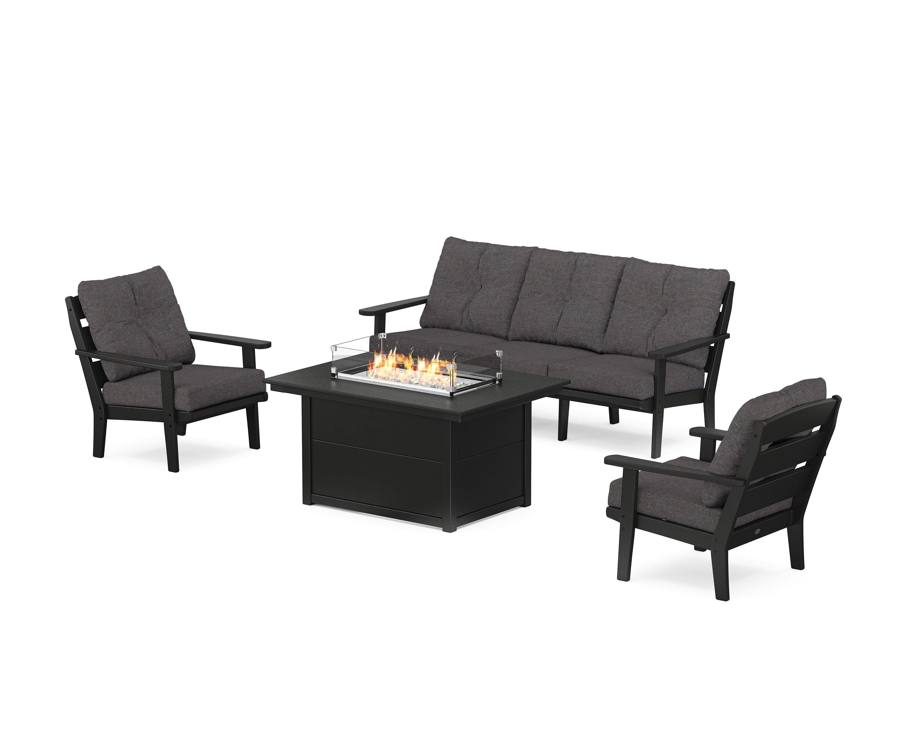 POLYWOOD® Lakeside Deep Seating Fire Pit Table Set in Black / Ash Charcoal