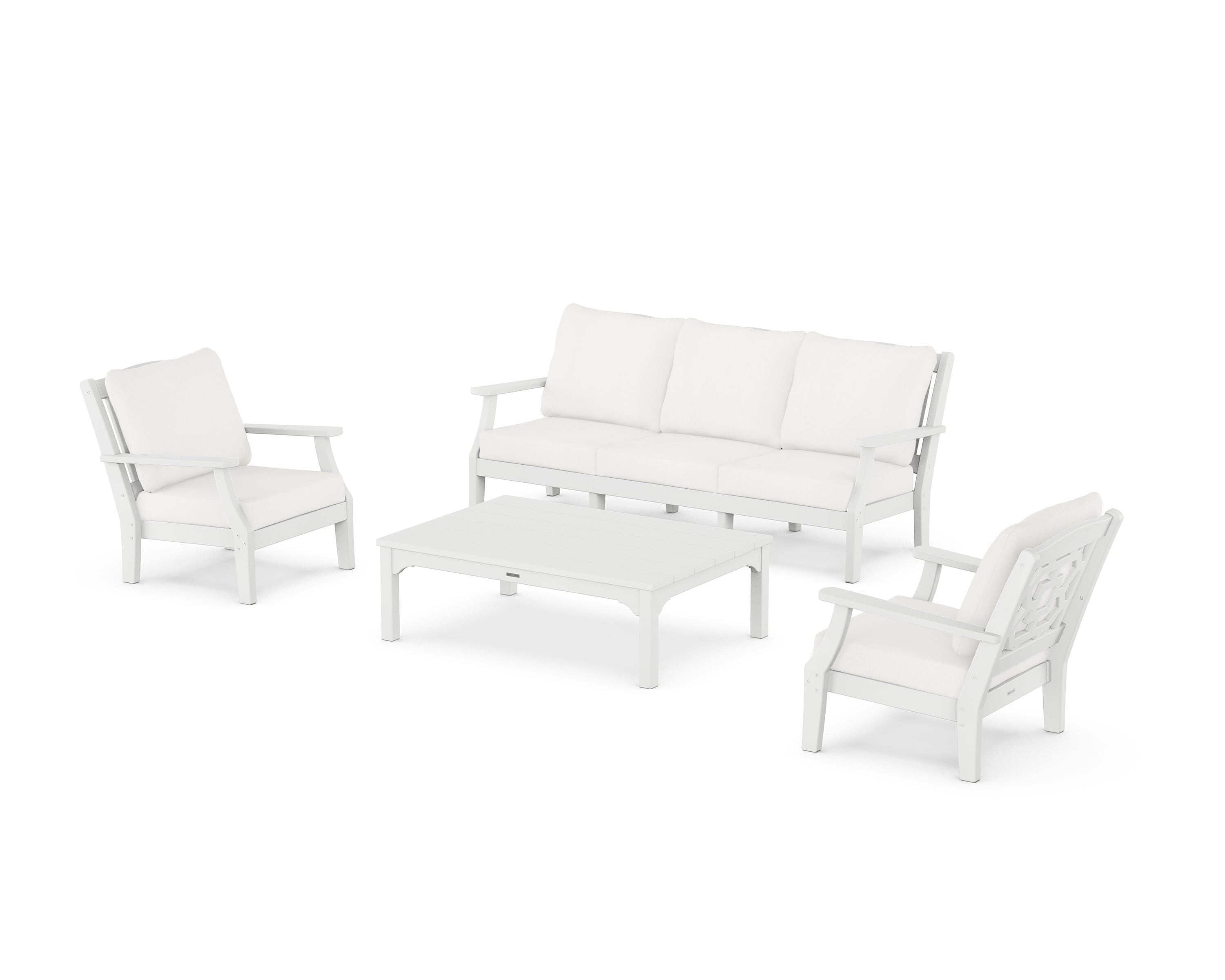 Martha Stewart by POLYWOOD® Chinoiserie 4-Piece Deep Seating Set with Sofa in White / Natural Linen