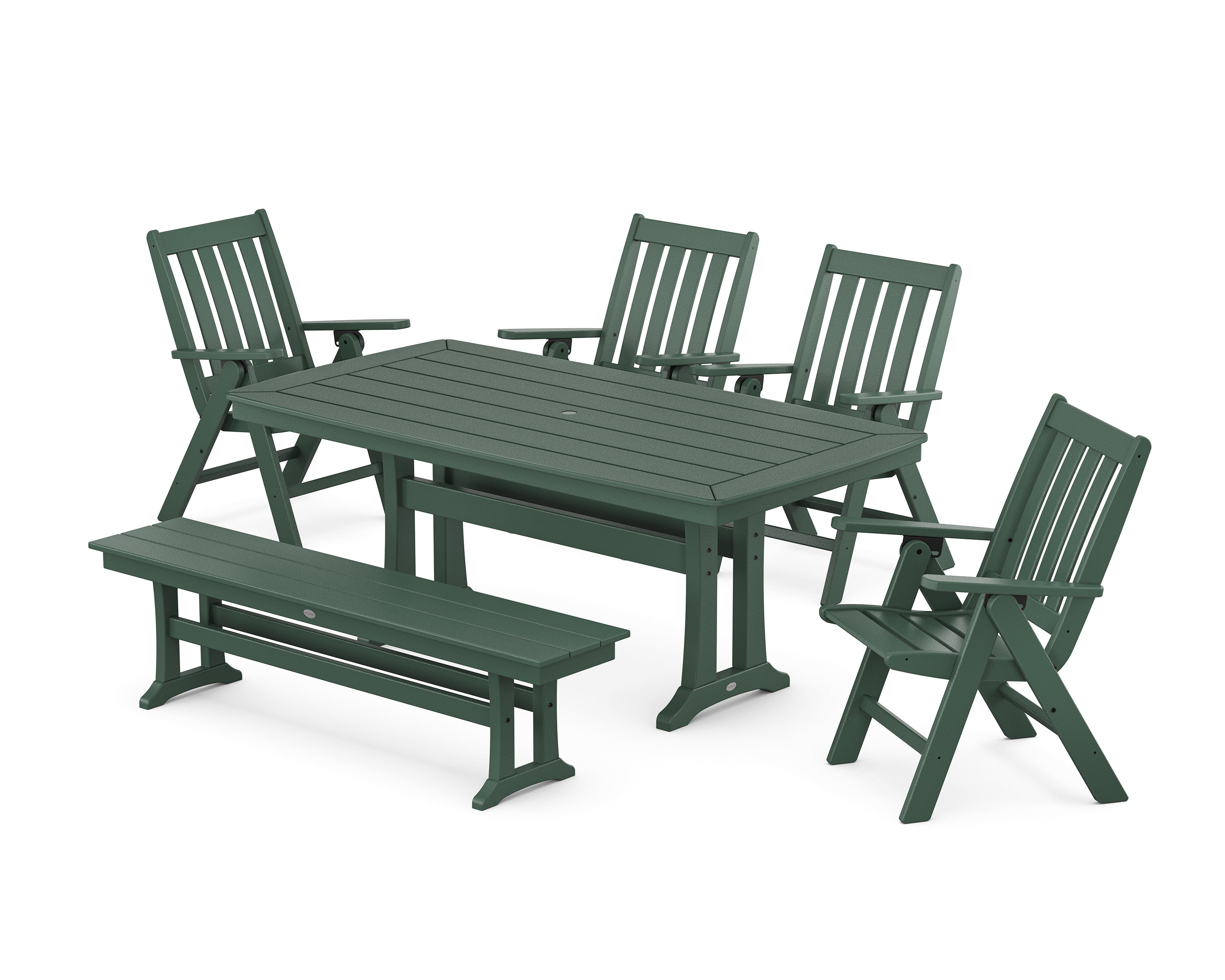 POLYWOOD® Vineyard Folding Chair 6-Piece Dining Set with Trestle Legs and Bench in Green