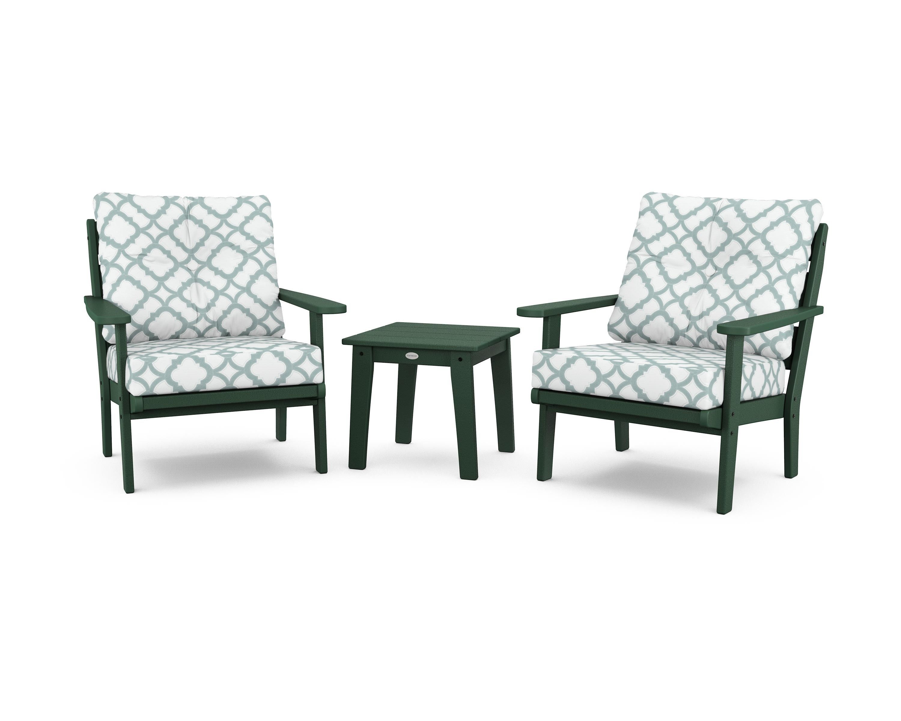 POLYWOOD® Lakeside 3-Piece Deep Seating Chair Set in Green / Trellis Glacier Spa
