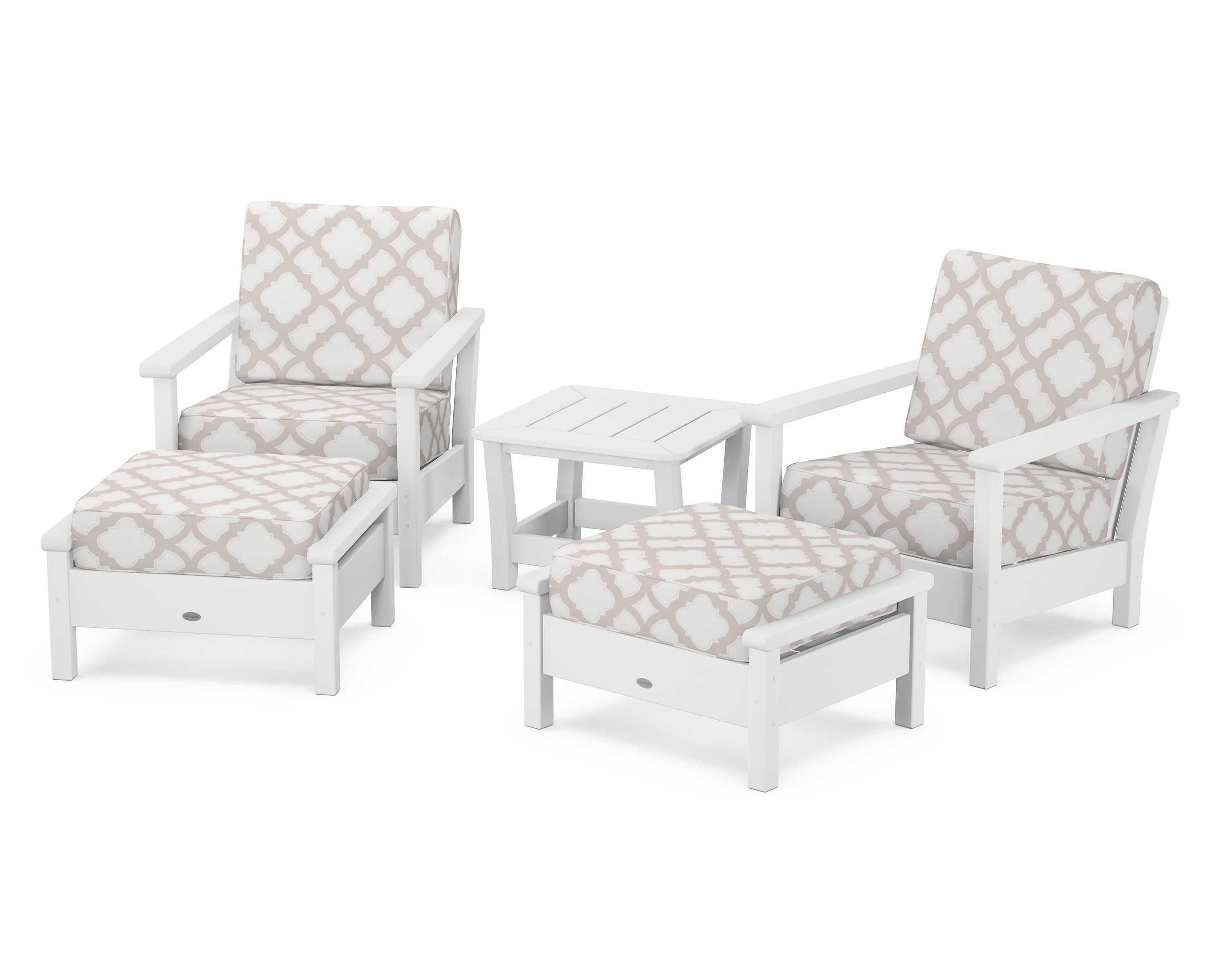 POLYWOOD® Harbour 5-Piece Deep Seating Chair Set in White / Trellis Dune Burlap