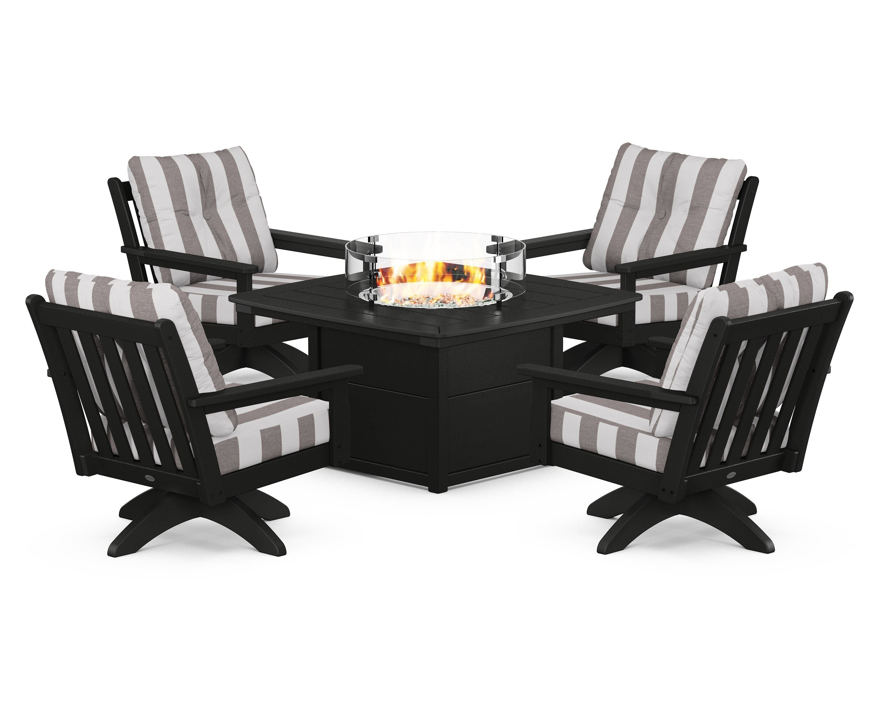 POLYWOOD® Vineyard 5-Piece Deep Seating Swivel Conversation Set with Fire Pit Table in Black / Cabana Stripe Grey Mist