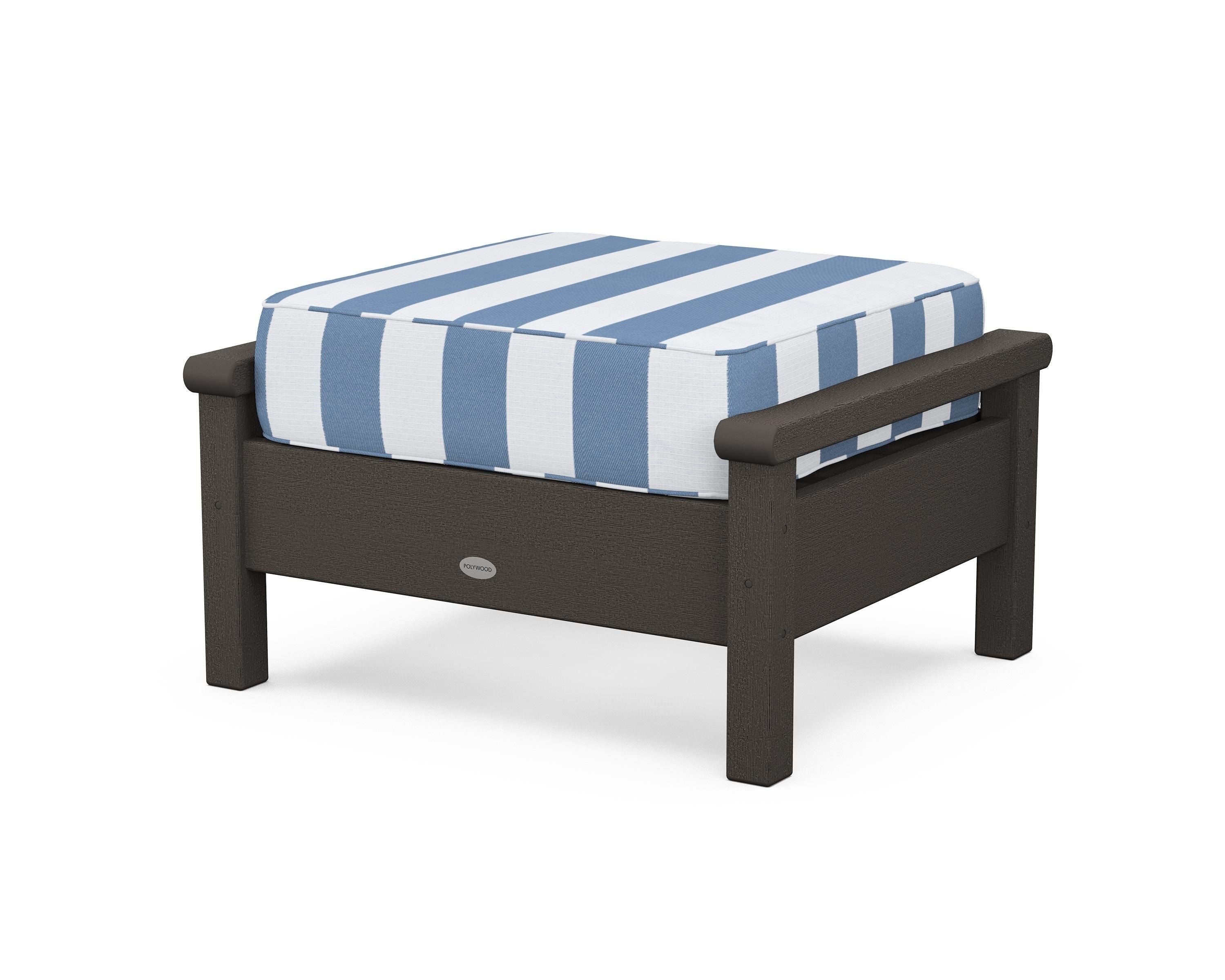 POLYWOOD® Harbour Deep Seating Ottoman in Vintage Coffee / Cabana Stripe Sky Blue