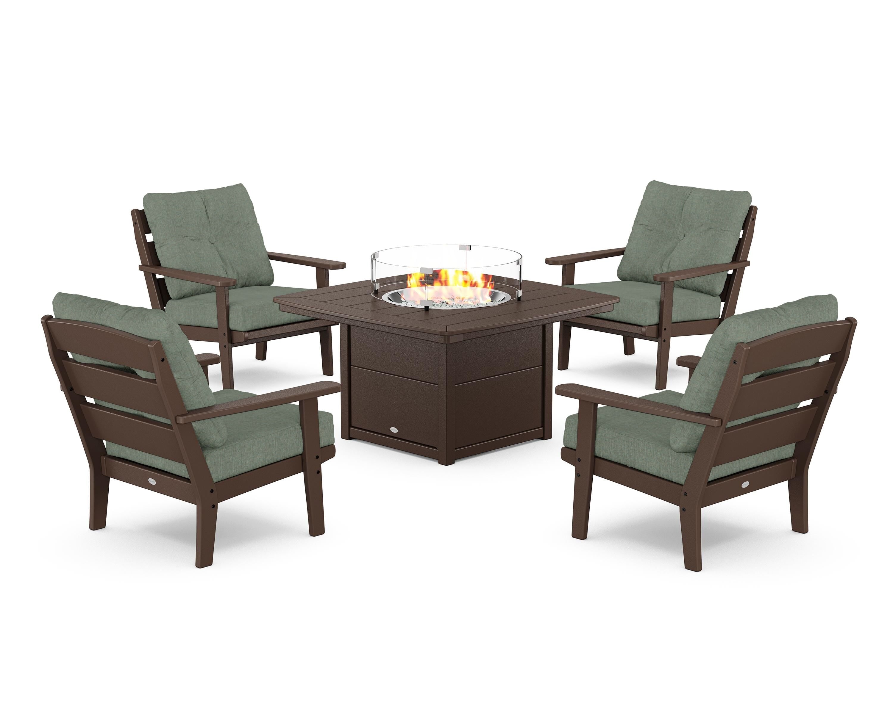 POLYWOOD® Lakeside 5-Piece Deep Seating Set with Nautical Fire Pit Table in Mahogany / Cast Sage