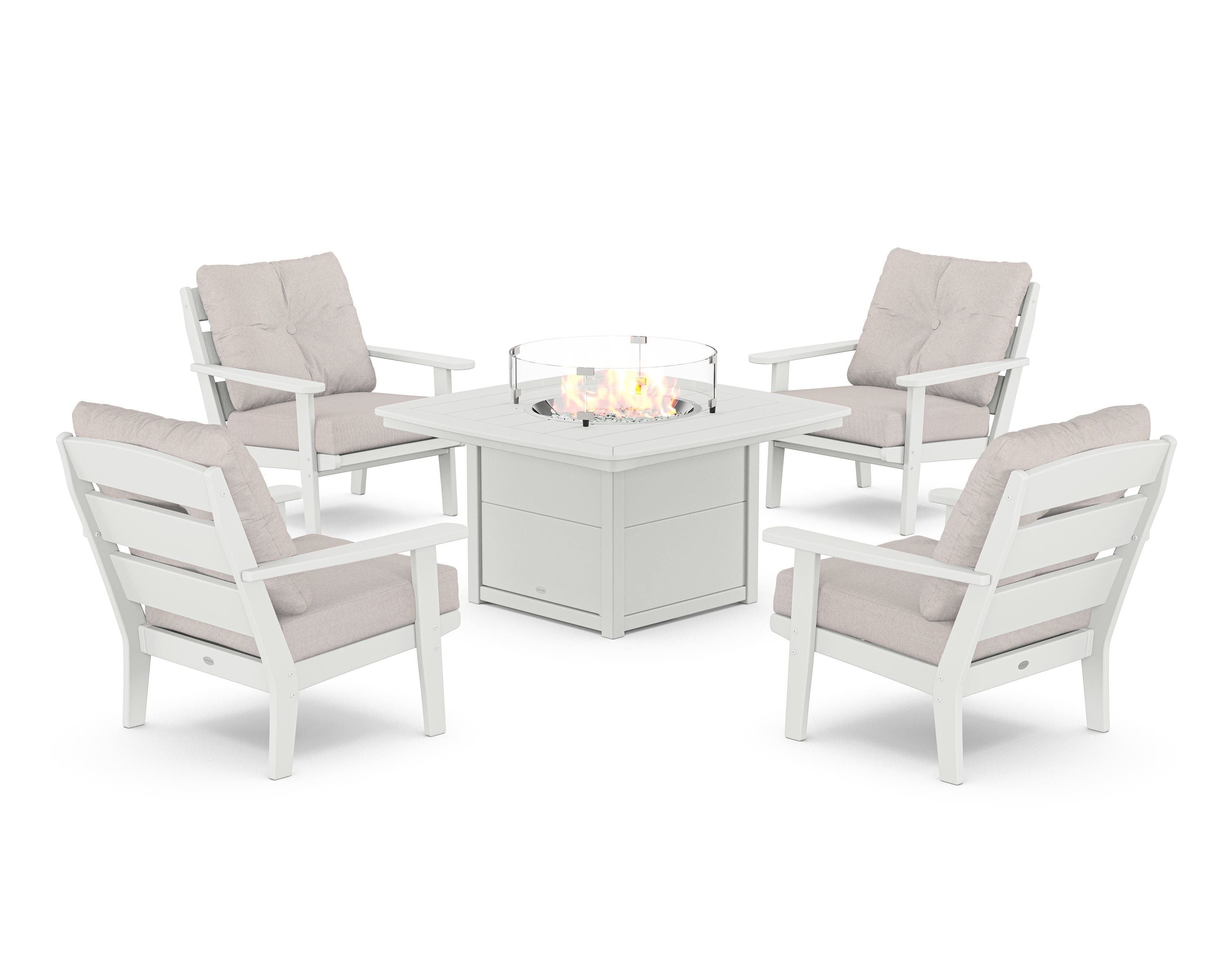 POLYWOOD® Lakeside 5-Piece Deep Seating Set with Nautical Fire Pit Table in White / Dune Burlap