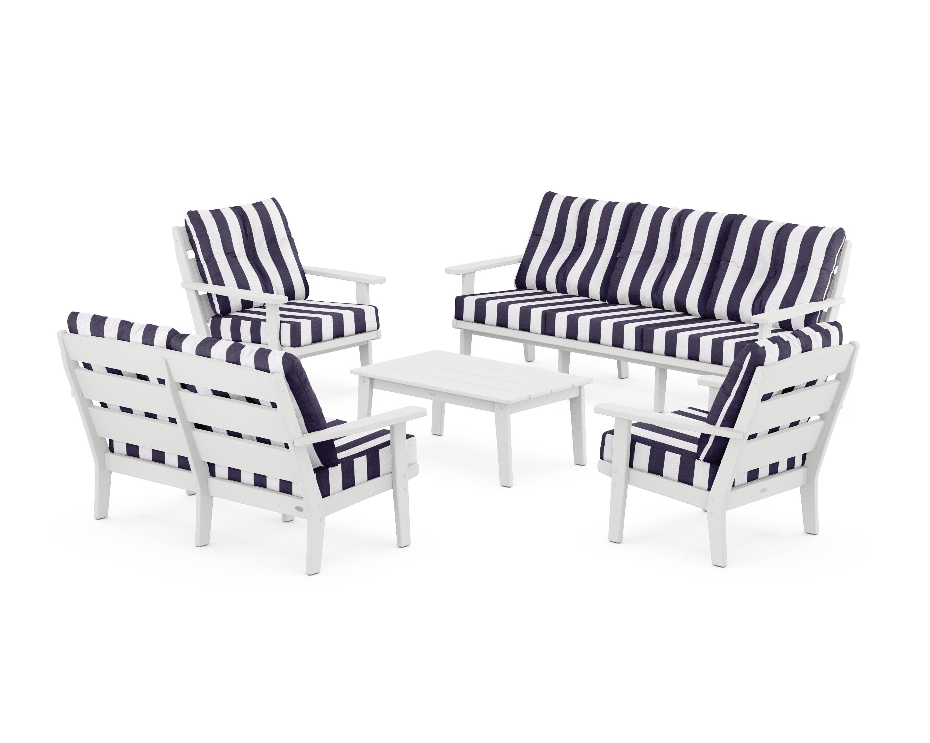 POLYWOOD® Lakeside 5-Piece Lounge Sofa Set in White / Cabana Stripe Navy