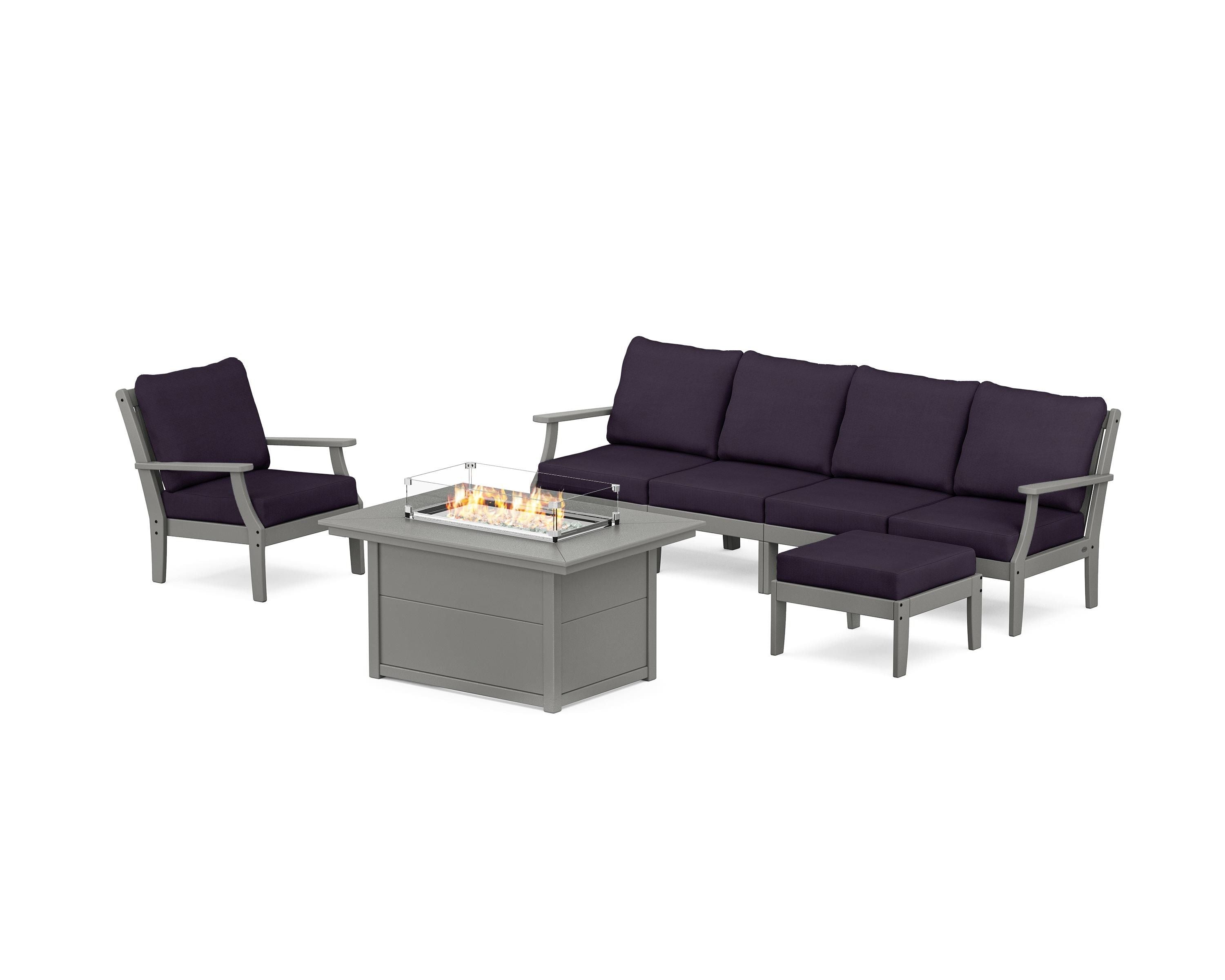 POLYWOOD® Braxton Sectional Lounge and Fire Pit Set in Slate Grey / Navy Linen
