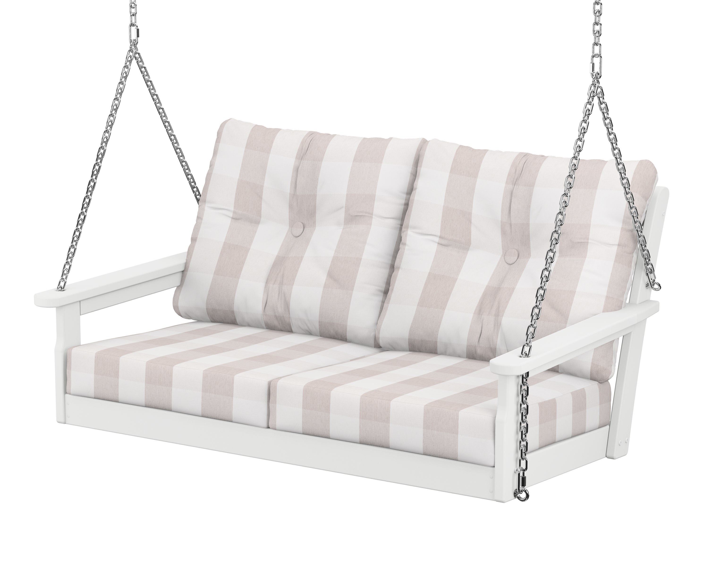 POLYWOOD® Vineyard Deep Seating Swing in White / Buffalo Plaid Dune Burlap