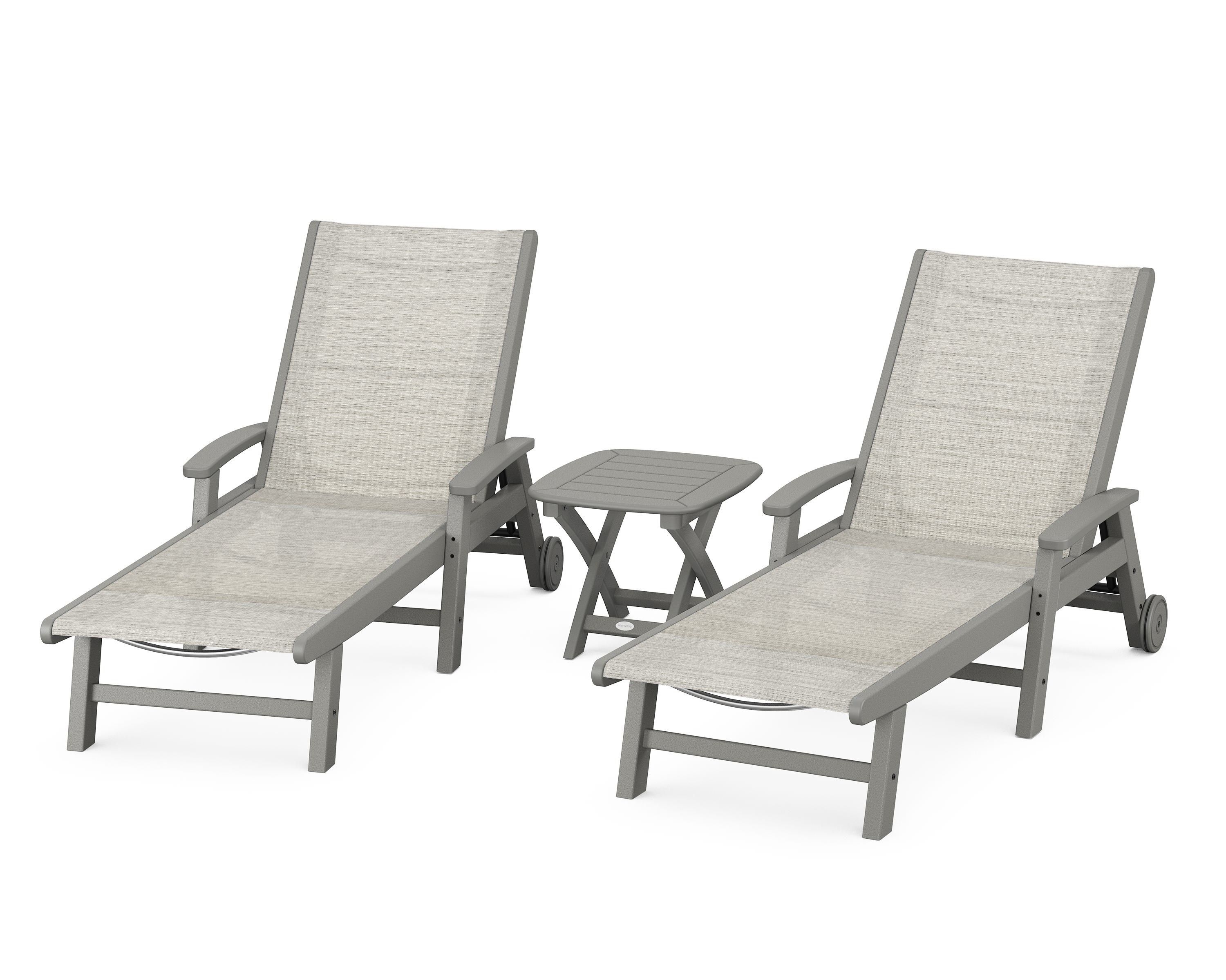 POLYWOOD® Coastal 3-Piece Wheeled Chaise Set in Slate Grey / Birch Sling