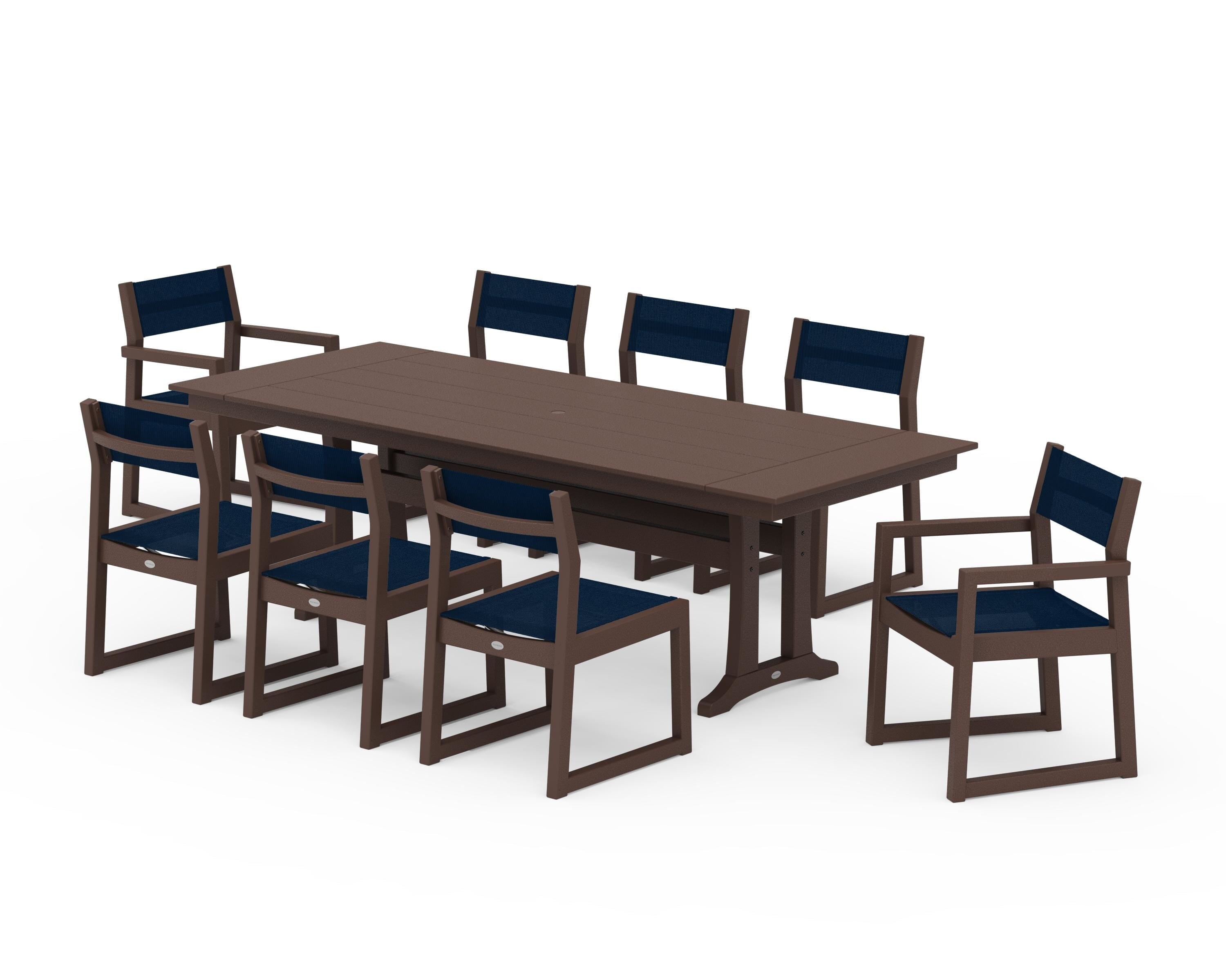 POLYWOOD® EDGE Sling 9-Piece Farmhouse Trestle Dining Set in Mahogany / Navy Blue Sling