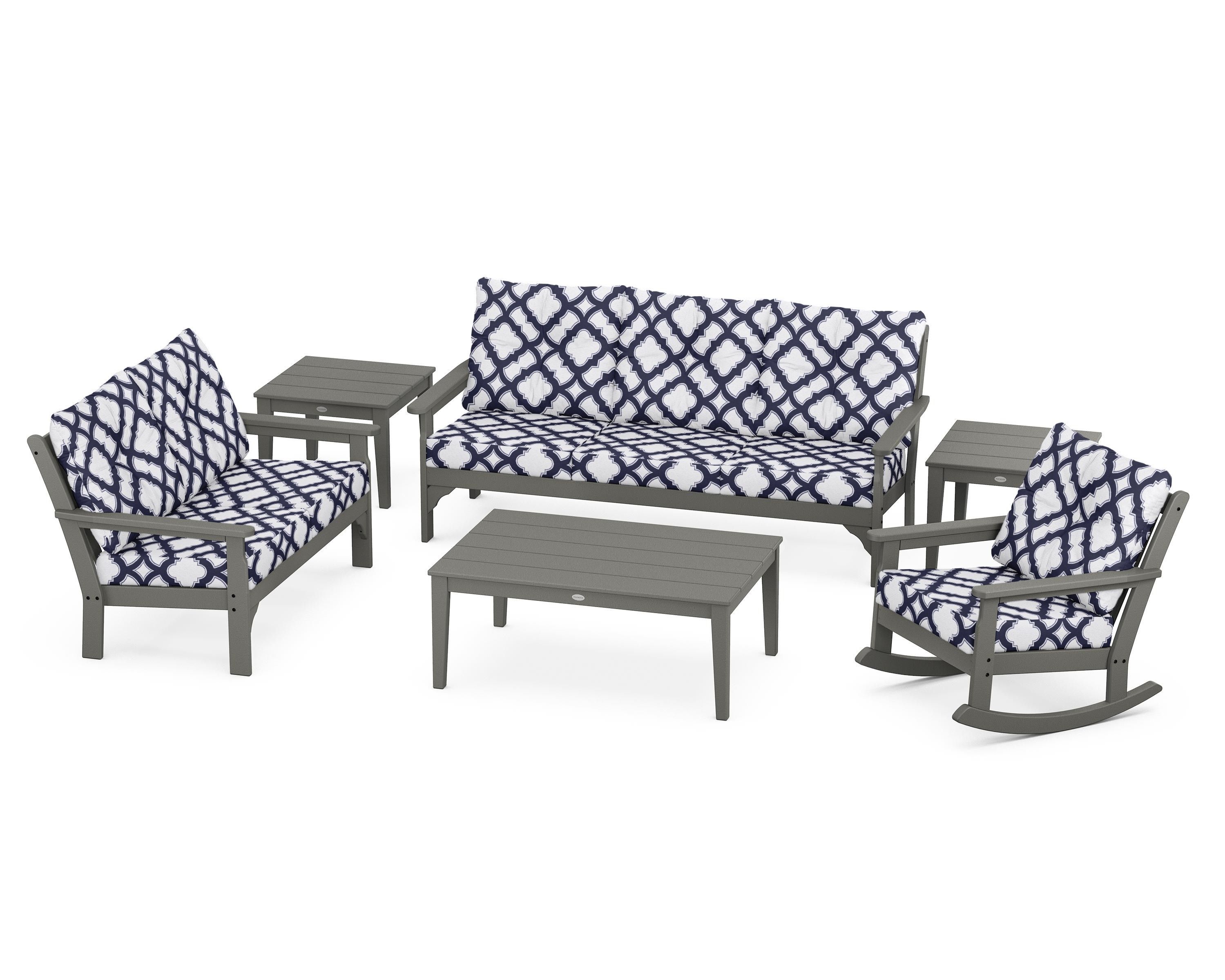 POLYWOOD® Vineyard 6-Piece Deep Seating Set in Slate Grey / Trellis Navy