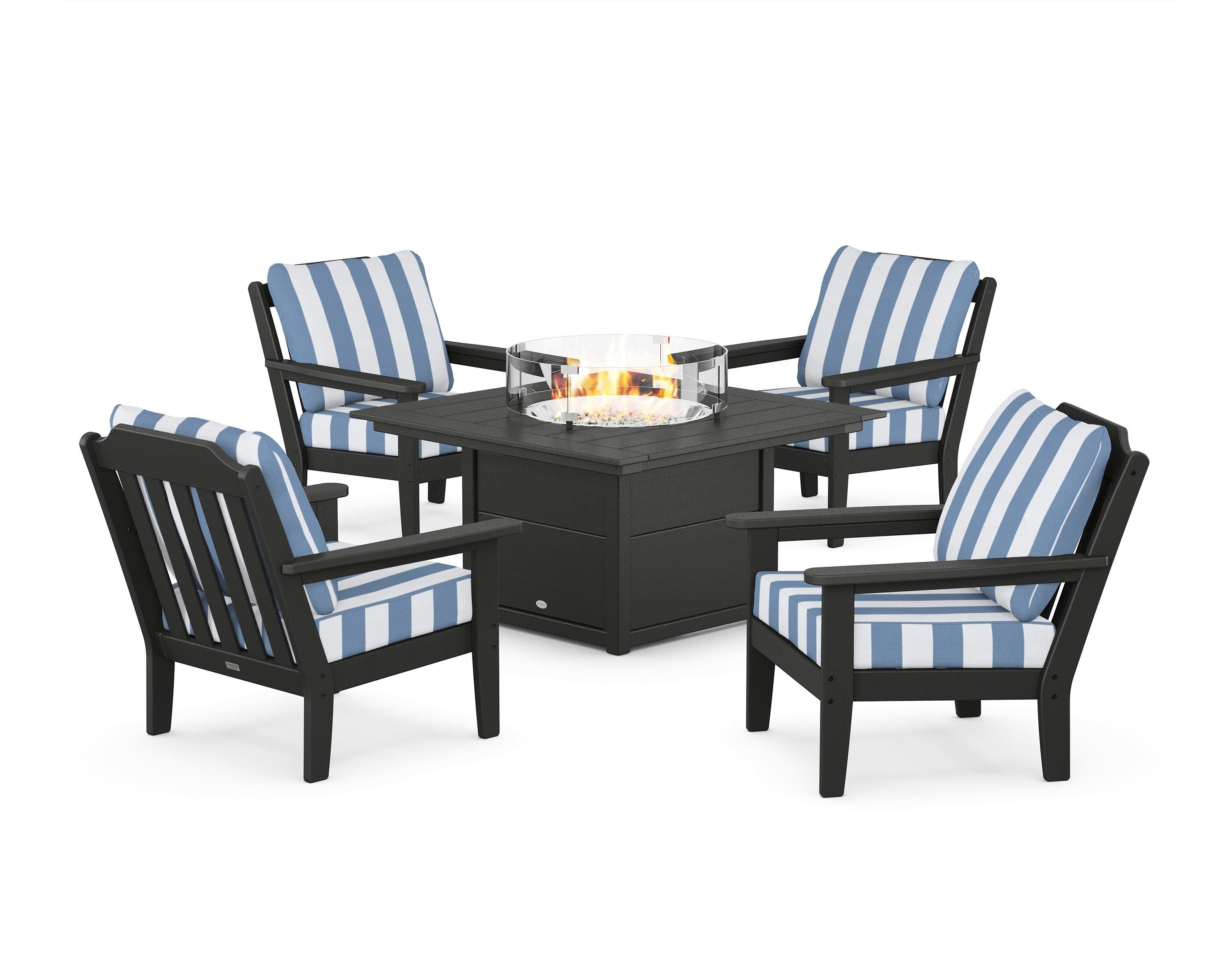 Country Living Cottage 5-Piece Deep Seating Set with Fire Pit Table in Black / Cabana Stripe Sky Blue