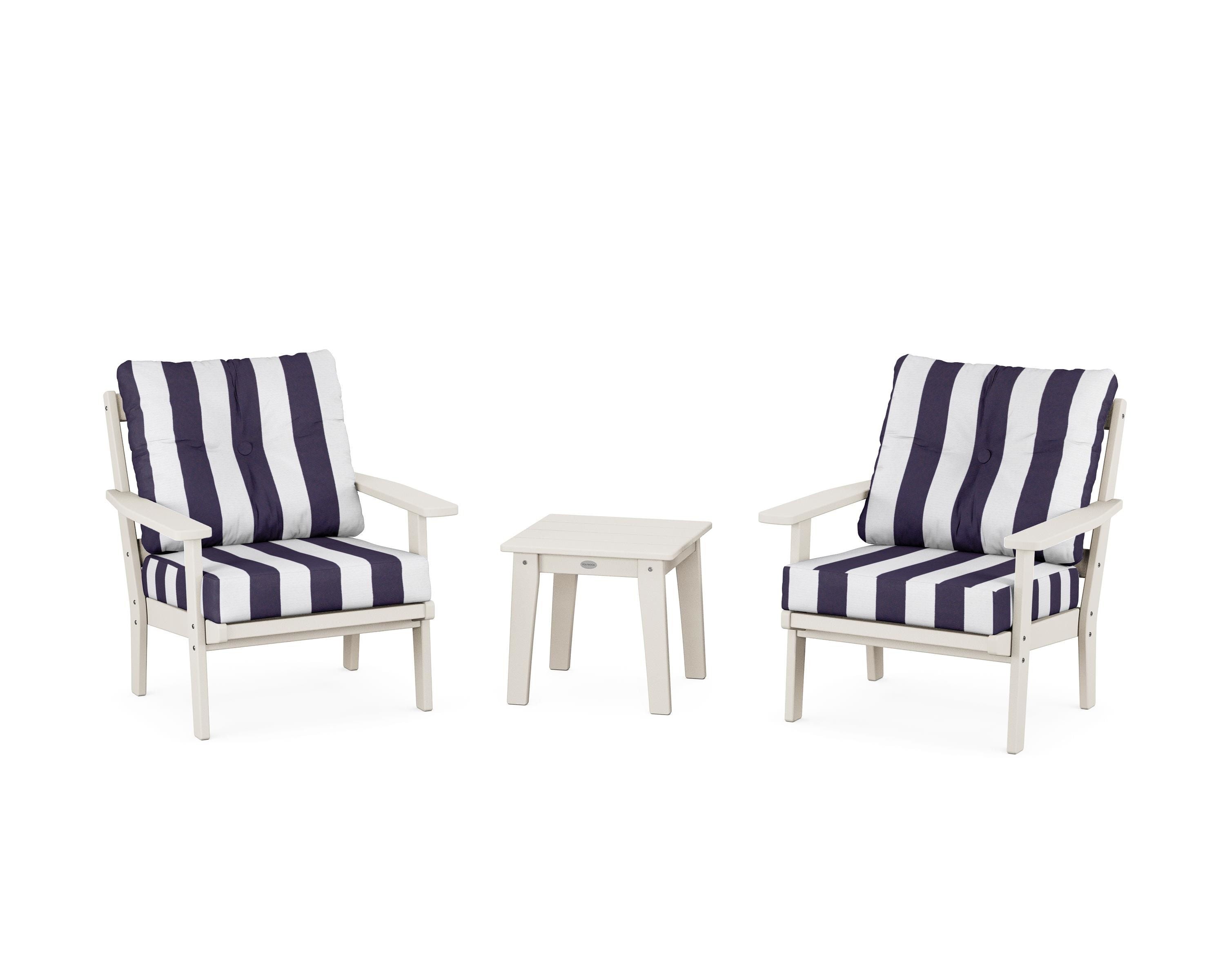 POLYWOOD® Prairie 3-Piece Deep Seating Set in Sand / Cabana Stripe Navy