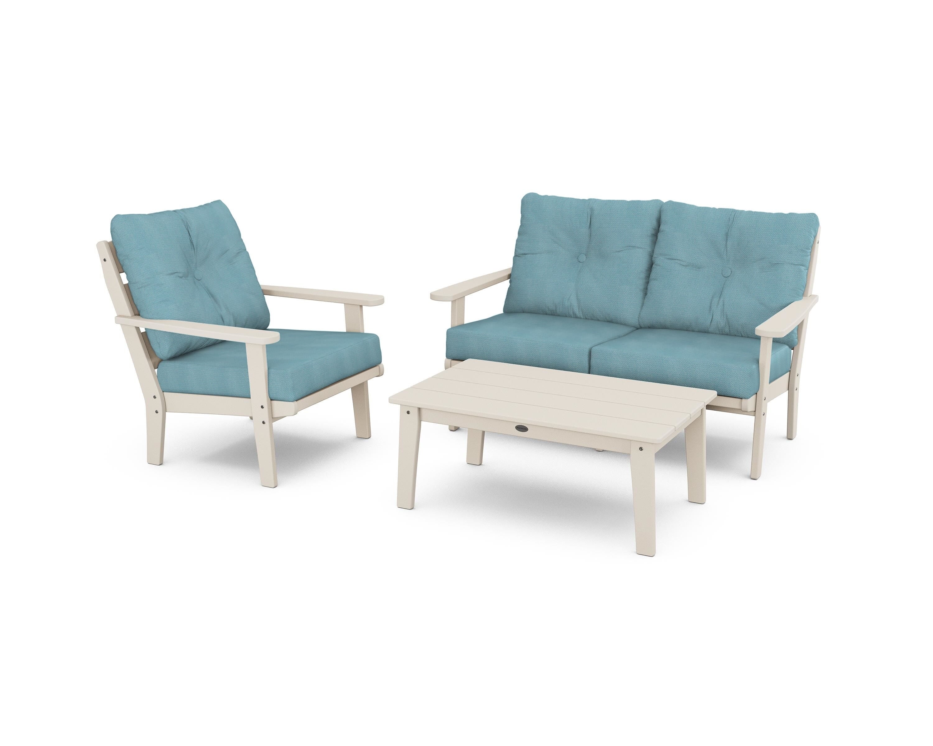 POLYWOOD® Lakeside 3-Piece Deep Seating Set in Sand / Lattice Sky Blue