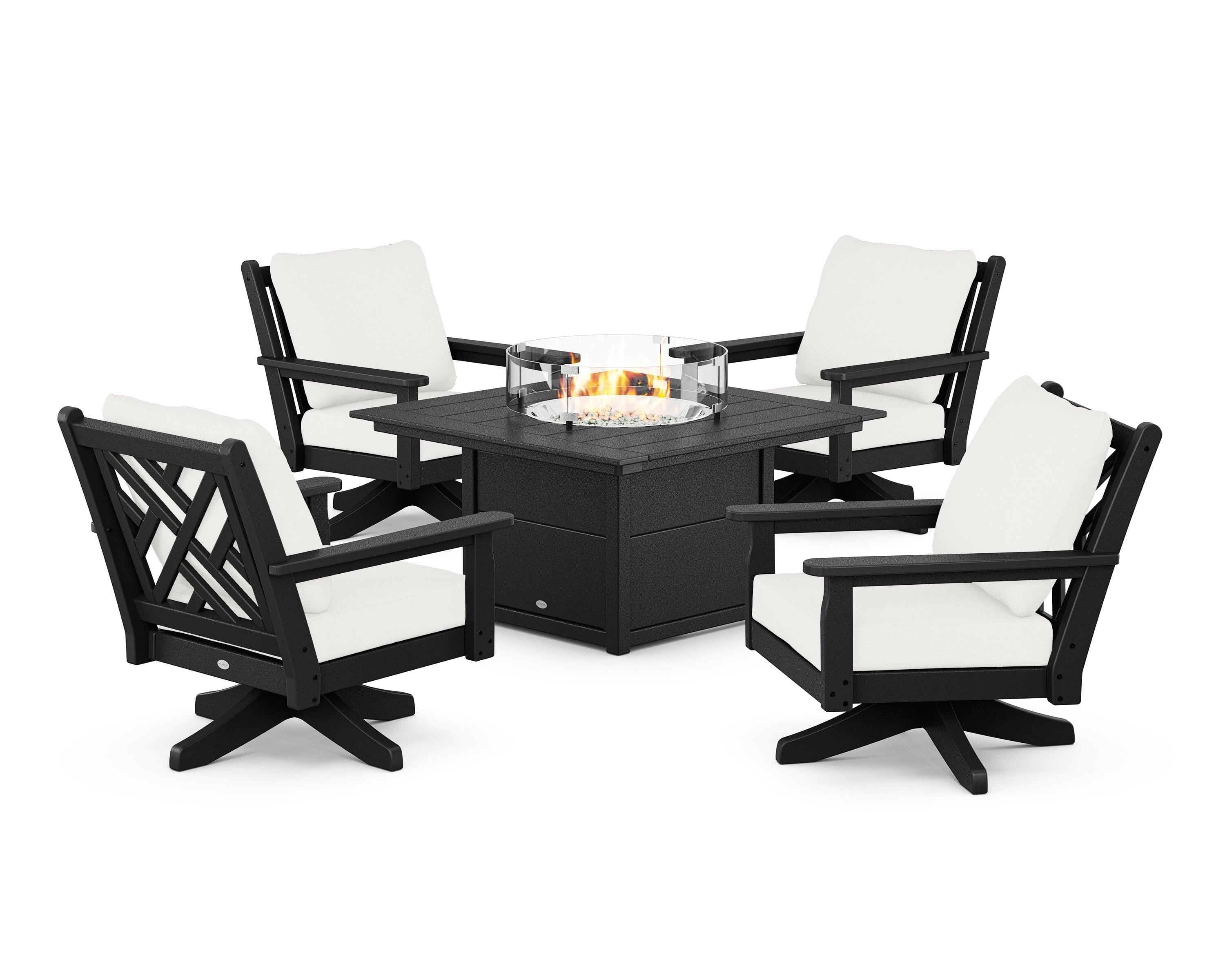 POLYWOOD® Chippendale 5-Piece Deep Seating Swivel Conversation Set with Fire Pit Table in Black / Natural Linen