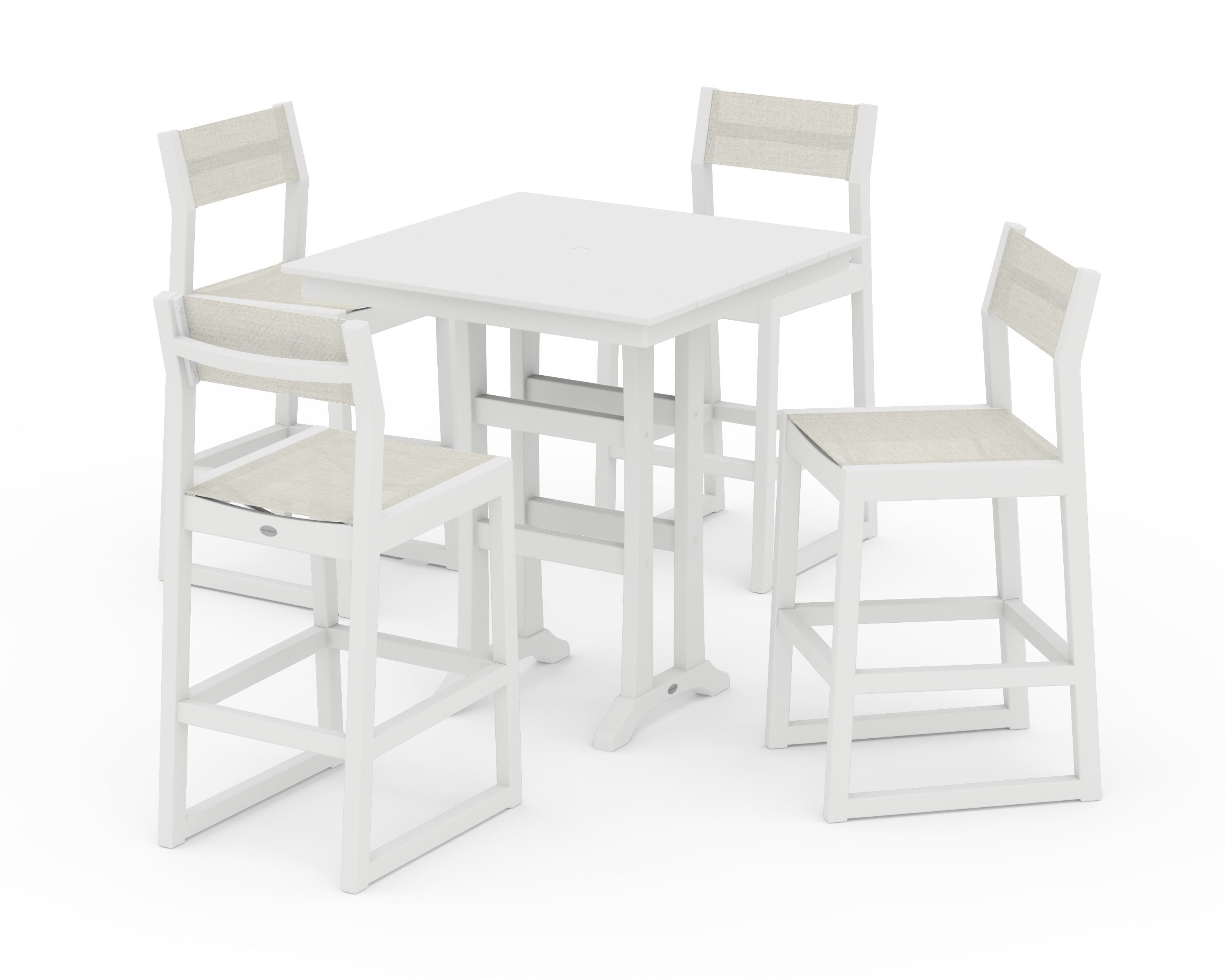 POLYWOOD® EDGE Sling Arm Chair 5-Piece Farmhouse Bar Set with Trestle Legs in White / Parchment Sling