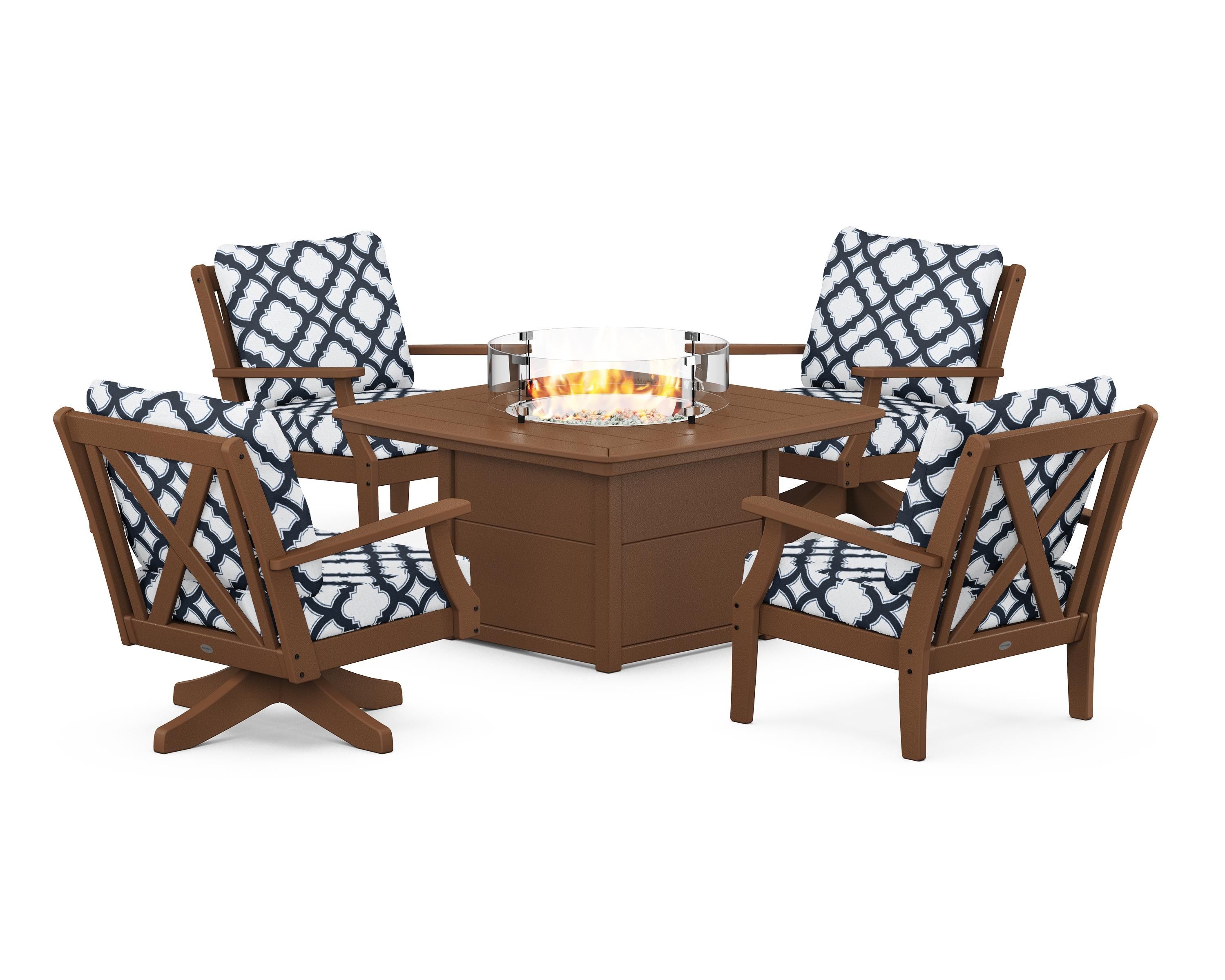 POLYWOOD® Braxton 5-Piece Deep Seating Set with Fire Table in Teak / Trellis Marine Indigo