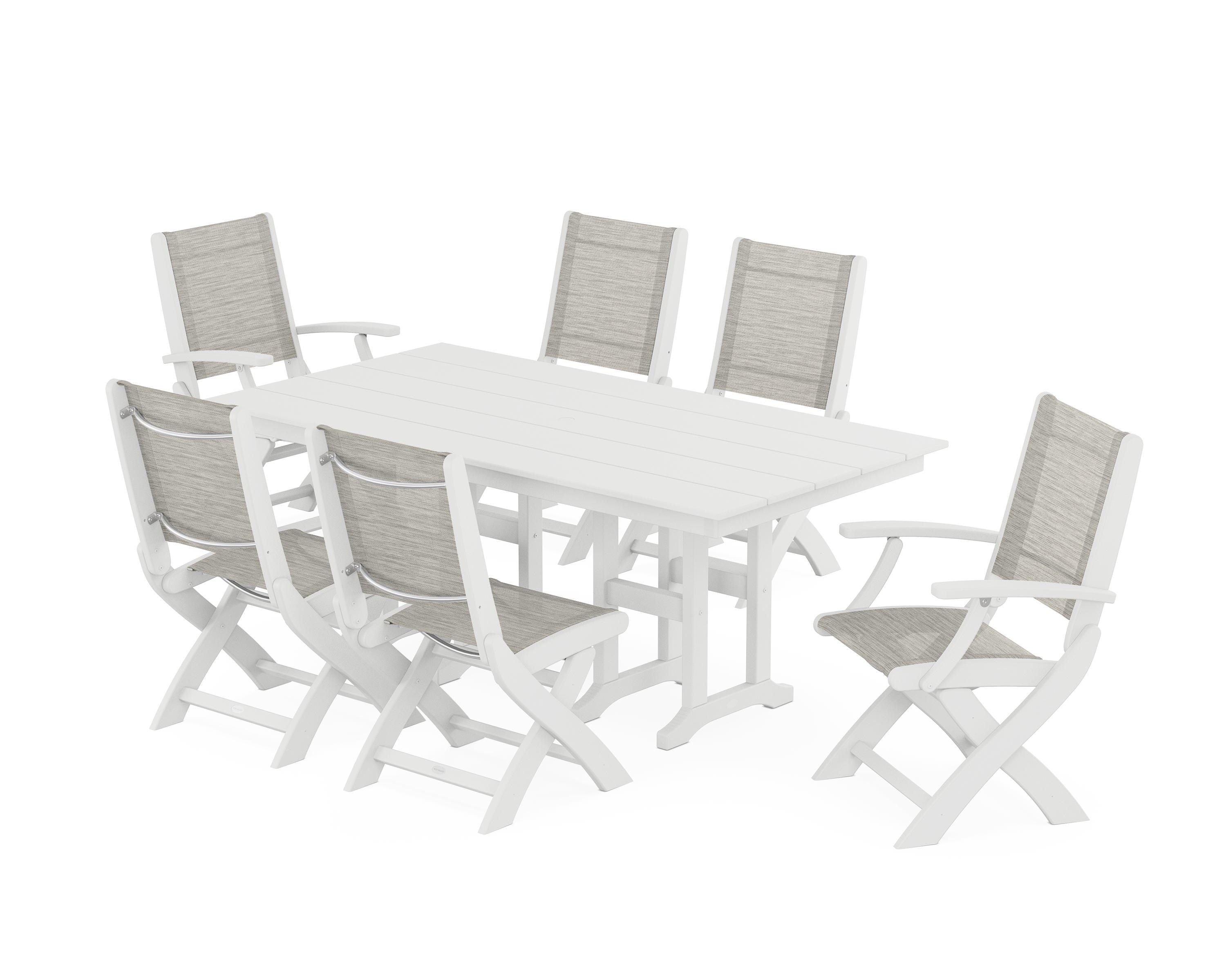 POLYWOOD® Coastal Folding Chair 7-Piece Farmhouse Dining Set in White / Birch Sling