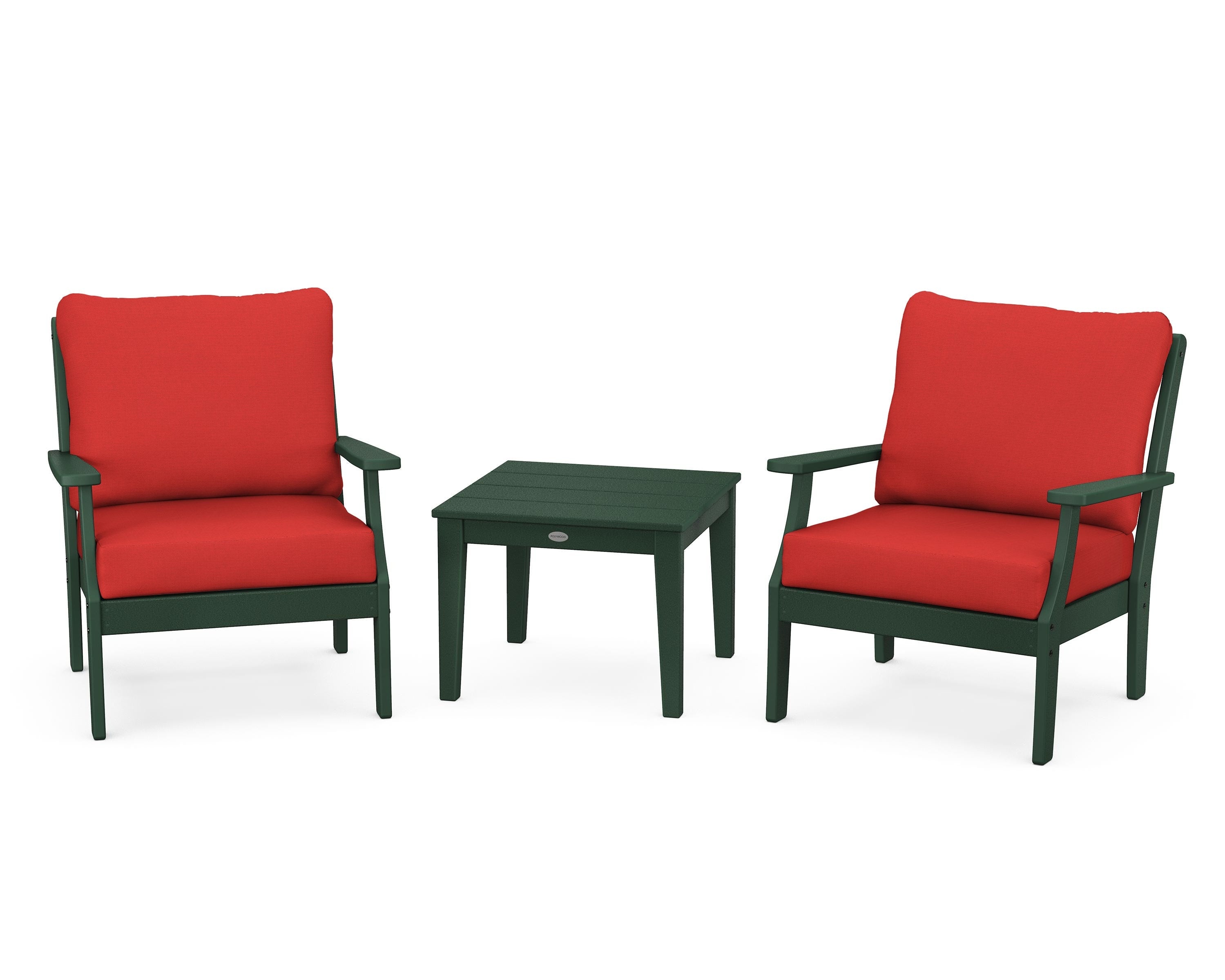 POLYWOOD® Braxton 3-Piece Deep Seating Set in Green / Crimson Linen