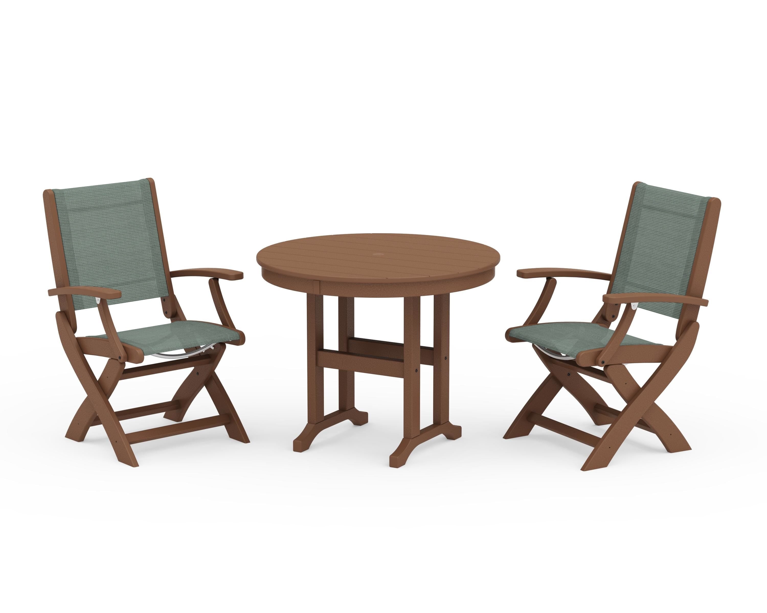 POLYWOOD® Coastal Folding Chair 3-Piece Round Dining Set in Teak / Dupioni Sea Mist Sling