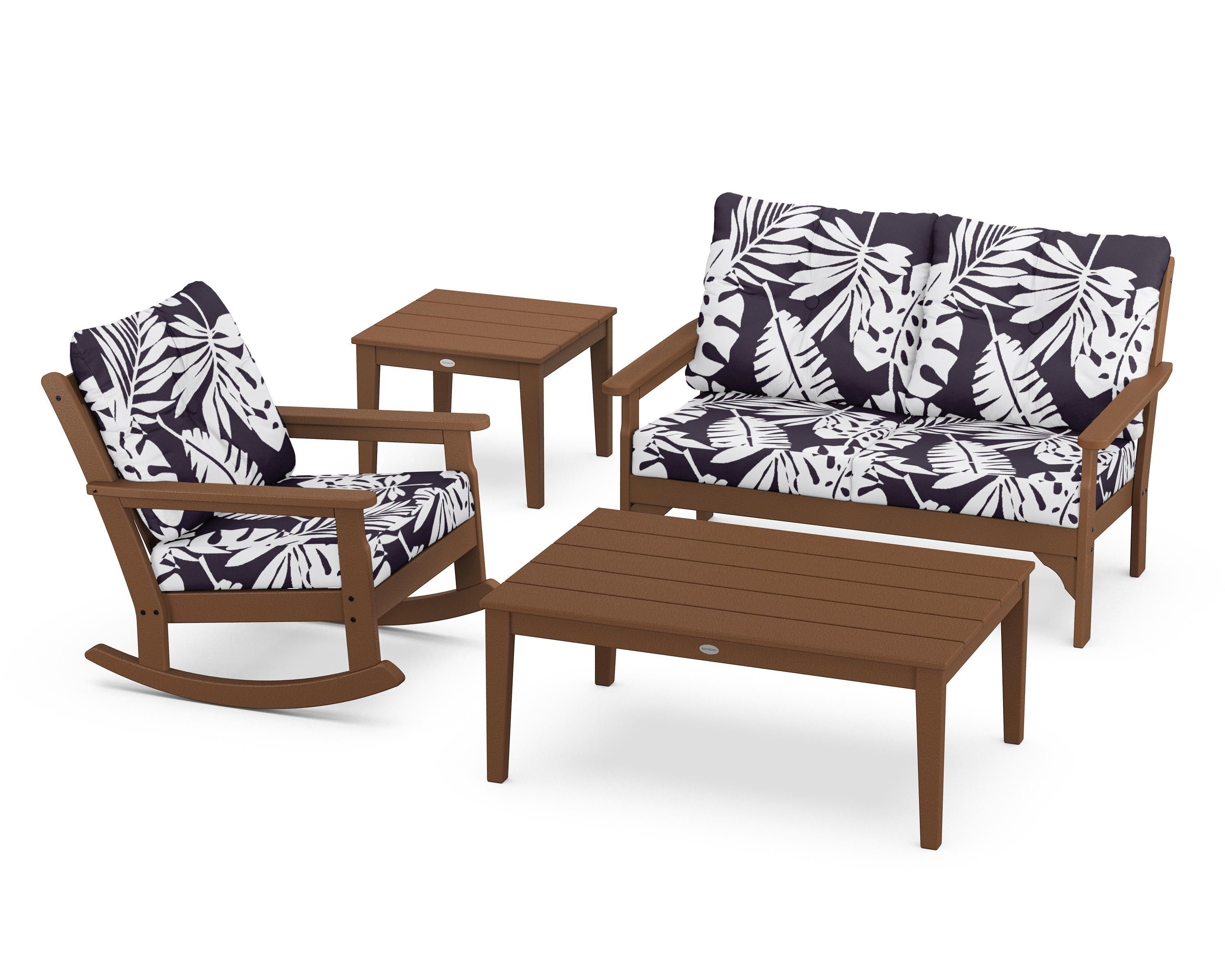 POLYWOOD® Vineyard 4-Piece Deep Seating Rocker Set in Teak / Leaf Navy