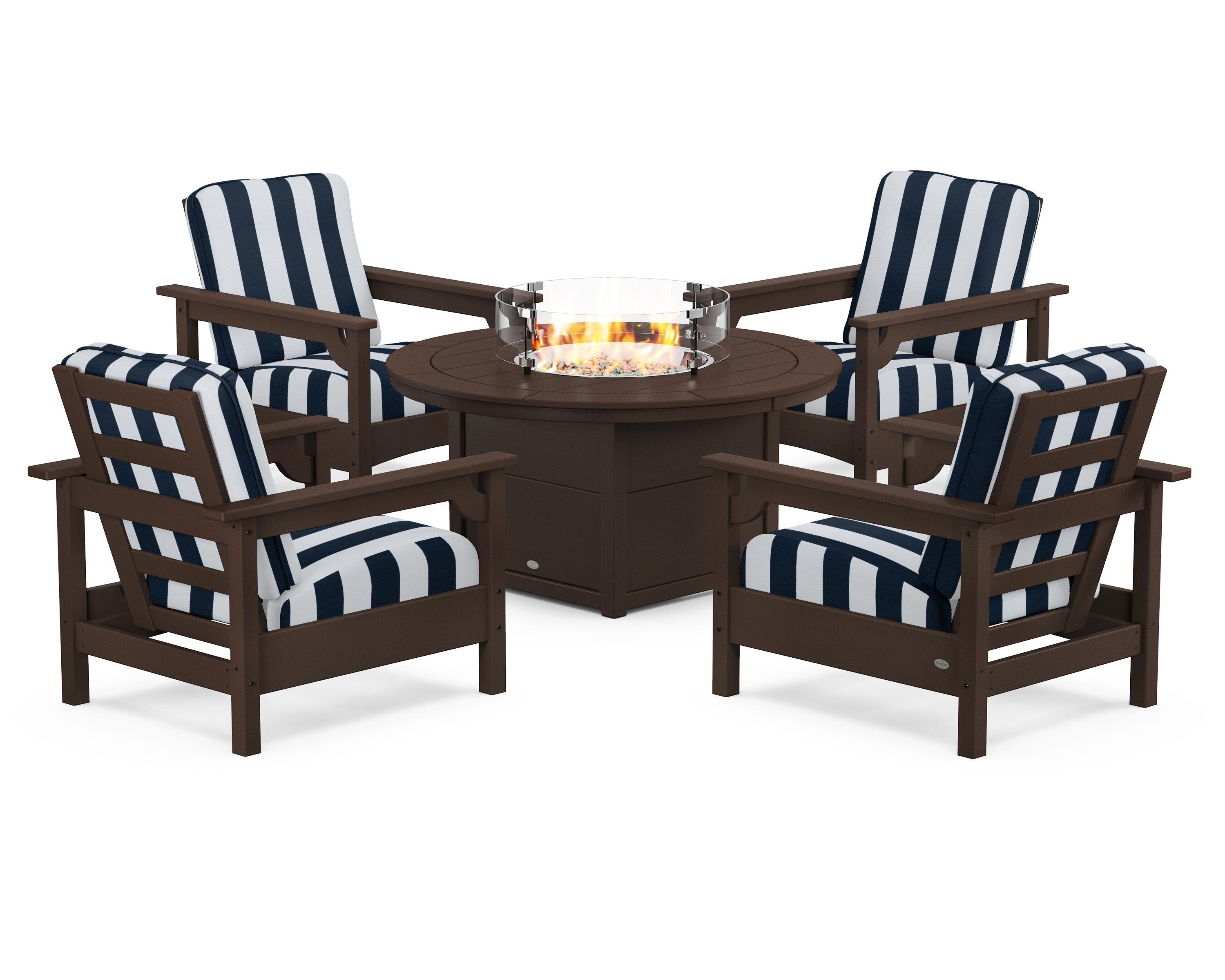POLYWOOD® Club 5-Piece Conversation Set with Fire Pit Table in Mahogany / Cabana Stripe Marine Indigo
