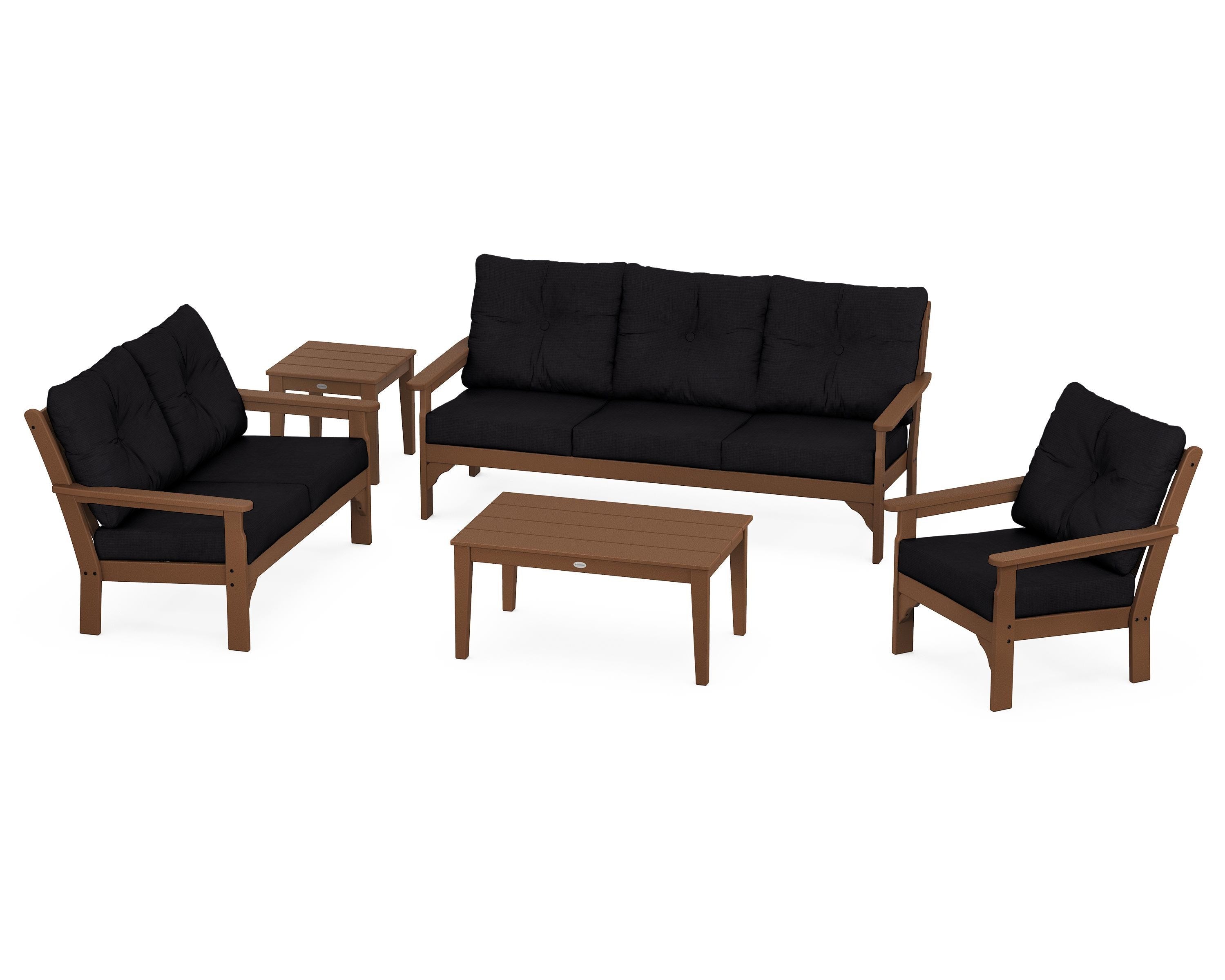 POLYWOOD® Vineyard 5 Piece Deep Seating Set in Teak / Midnight Linen