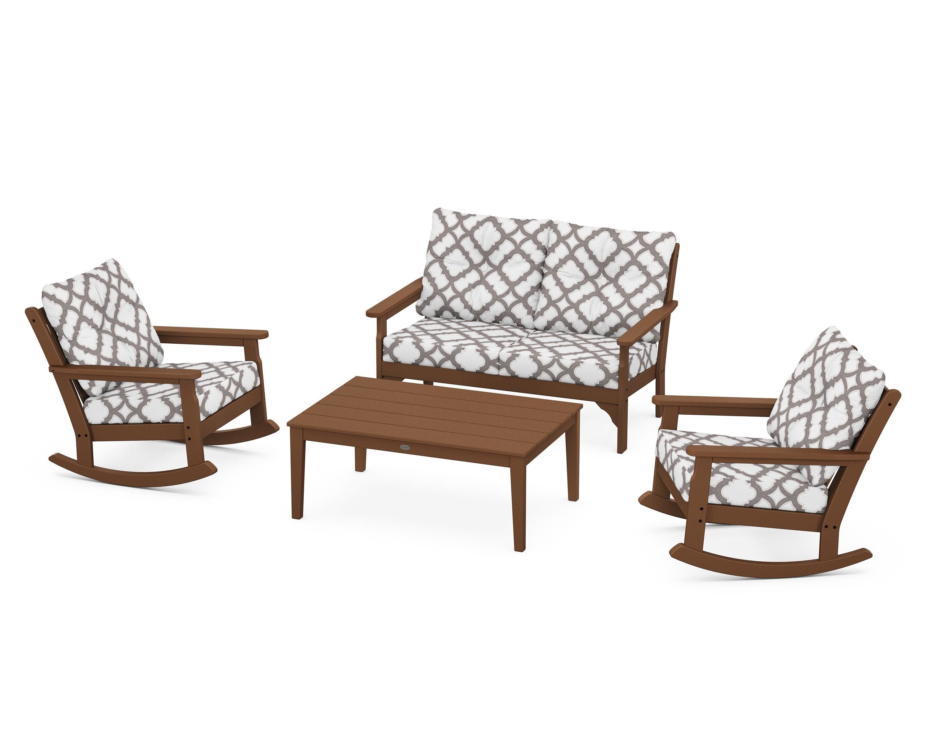 POLYWOOD® Vineyard 4-Piece Deep Seating Rocking Chair Set in Teak / Trellis Grey Mist