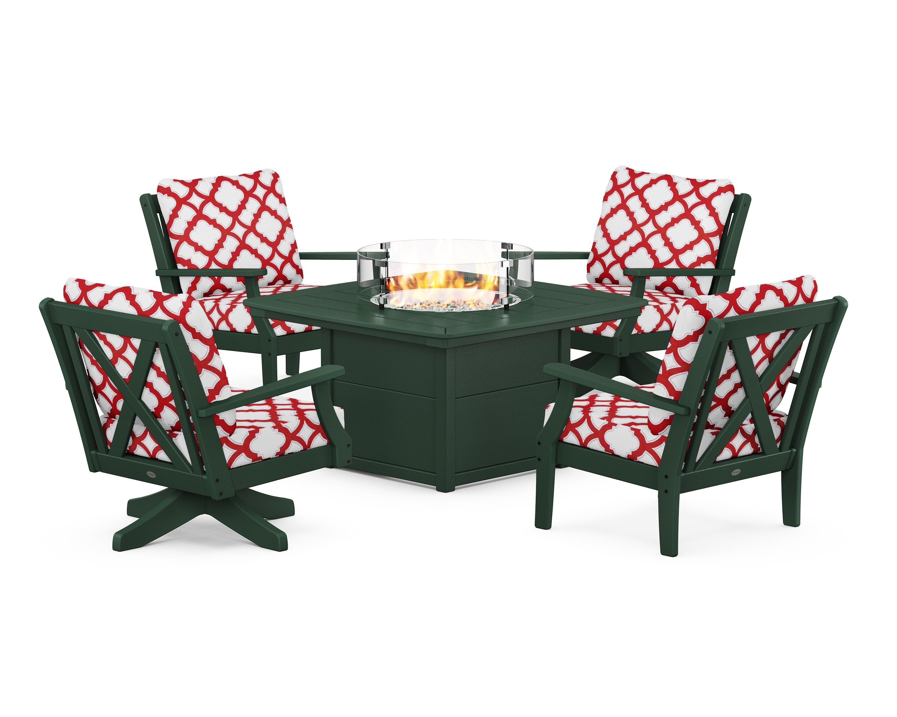 POLYWOOD® Braxton 5-Piece Deep Seating Set with Fire Table in Green / Trellis Crimson