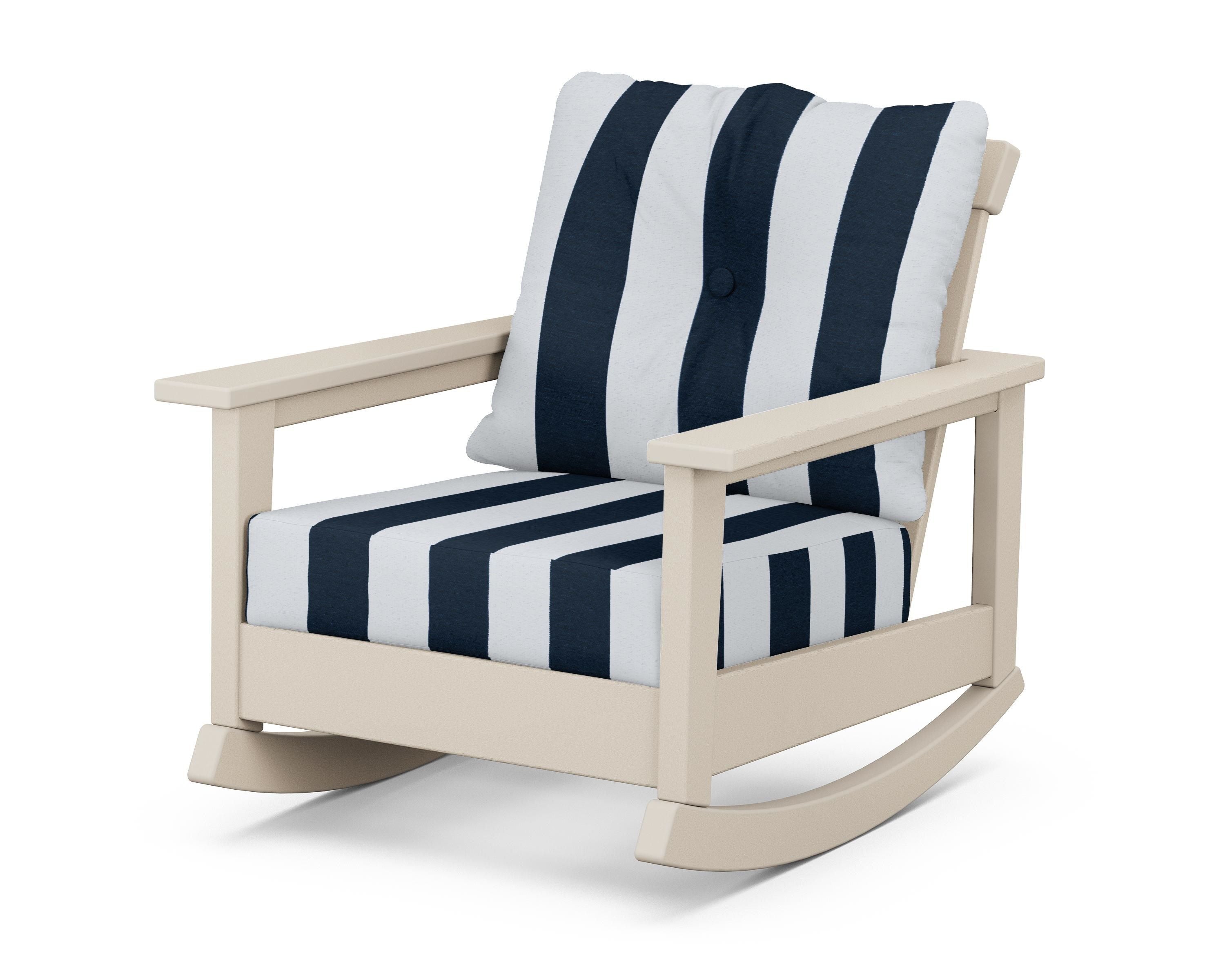 POLYWOOD® Prescott Deep Seating Rocking Chair in Sand / Cabana Stripe Marine Indigo