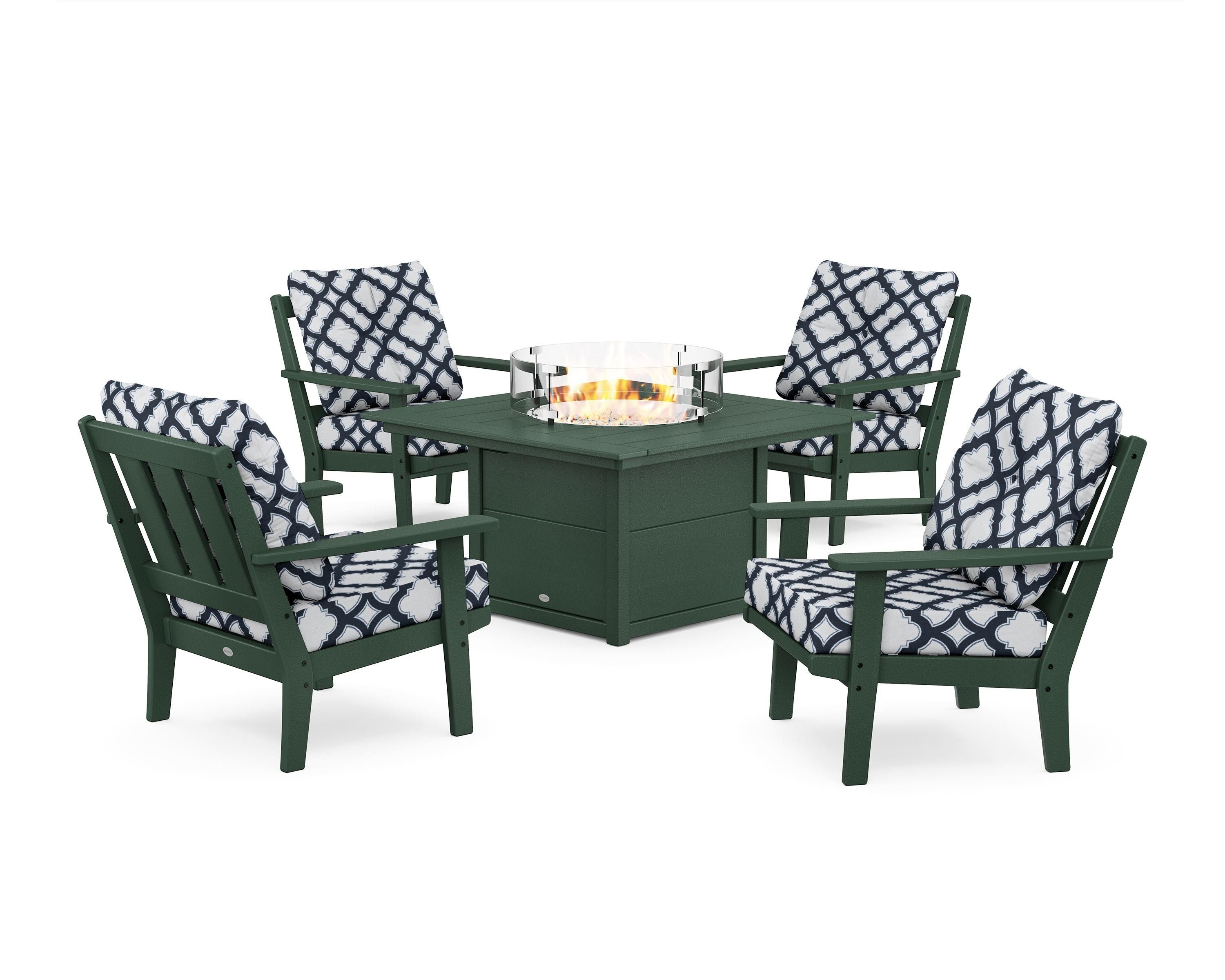 POLYWOOD® Oxford 5-Piece Deep Seating Set with Fire Pit Table in Green / Trellis Marine Indigo