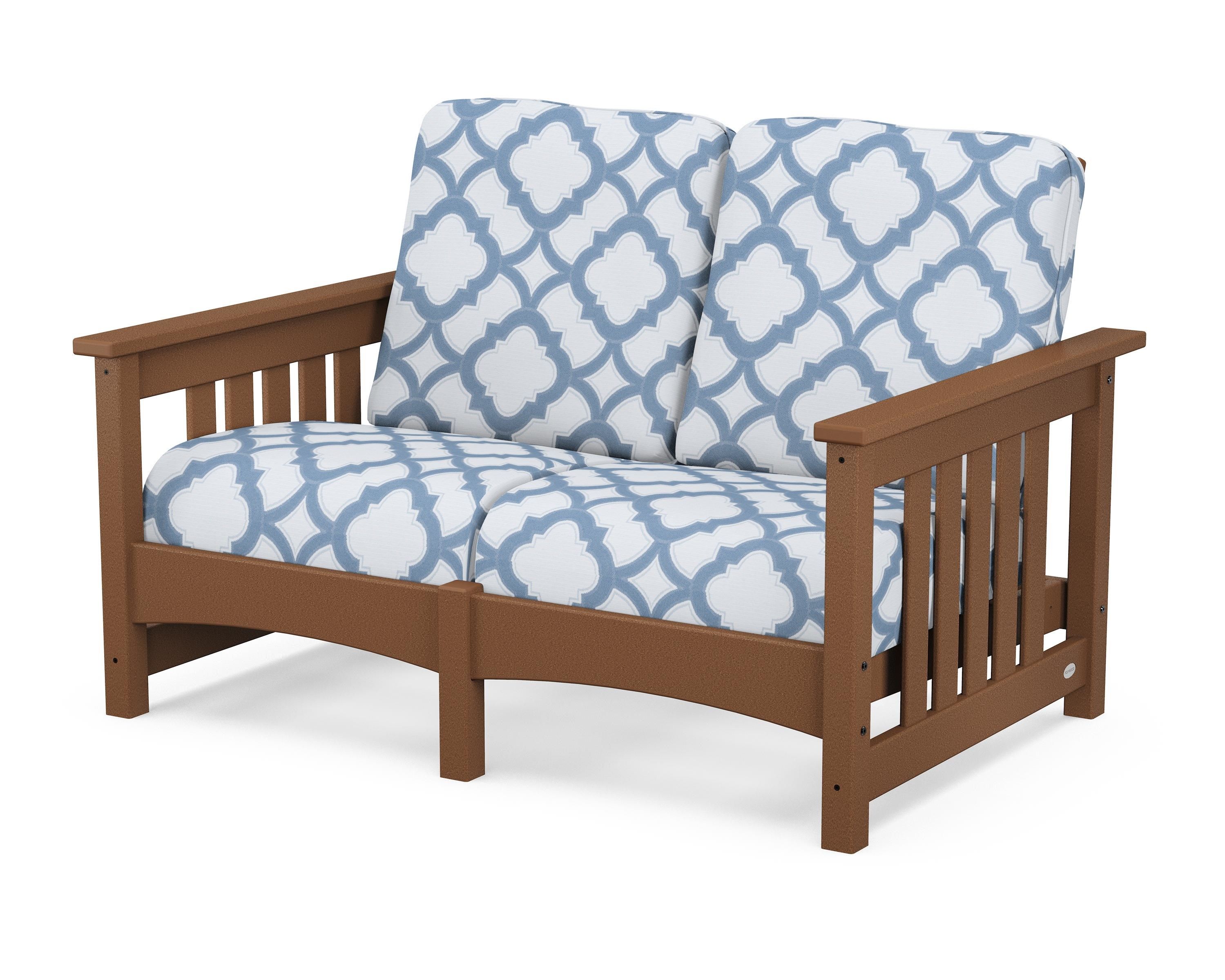 POLYWOOD® Club Mission Loveseat in Teak / Trellis Sky Blue
