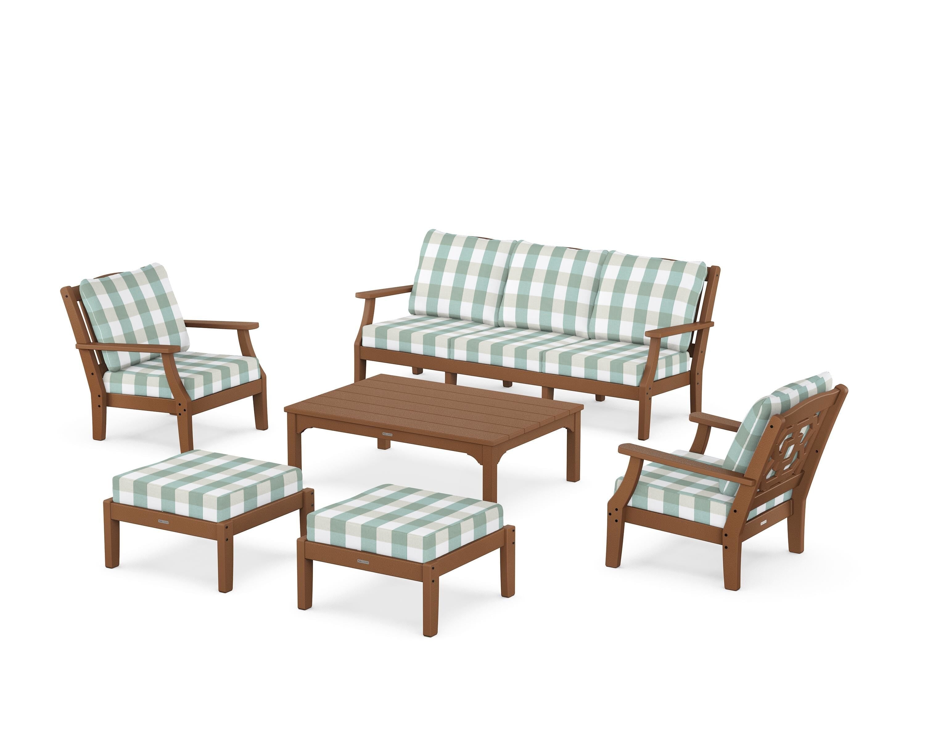 Martha Stewart by POLYWOOD® Chinoiserie 6-Piece Lounge Sofa Set in Teak / Buffalo Plaid Glacier Spa